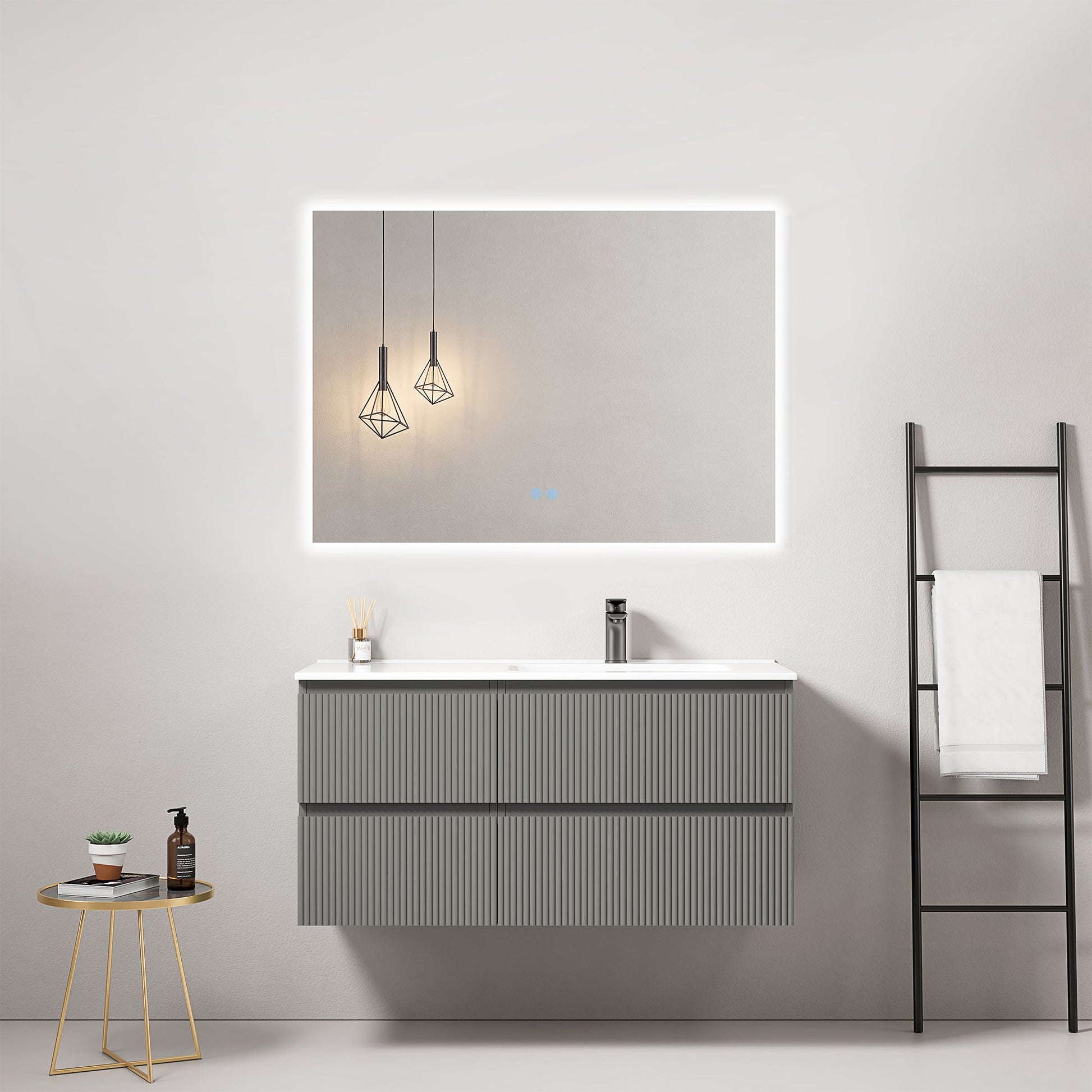 Mobile bagno sospeso cannettato 100 cm Grigio Londra Lavabo a Destra in Ceramica Specchio Quadro Retroilluminato - Fiji Paint