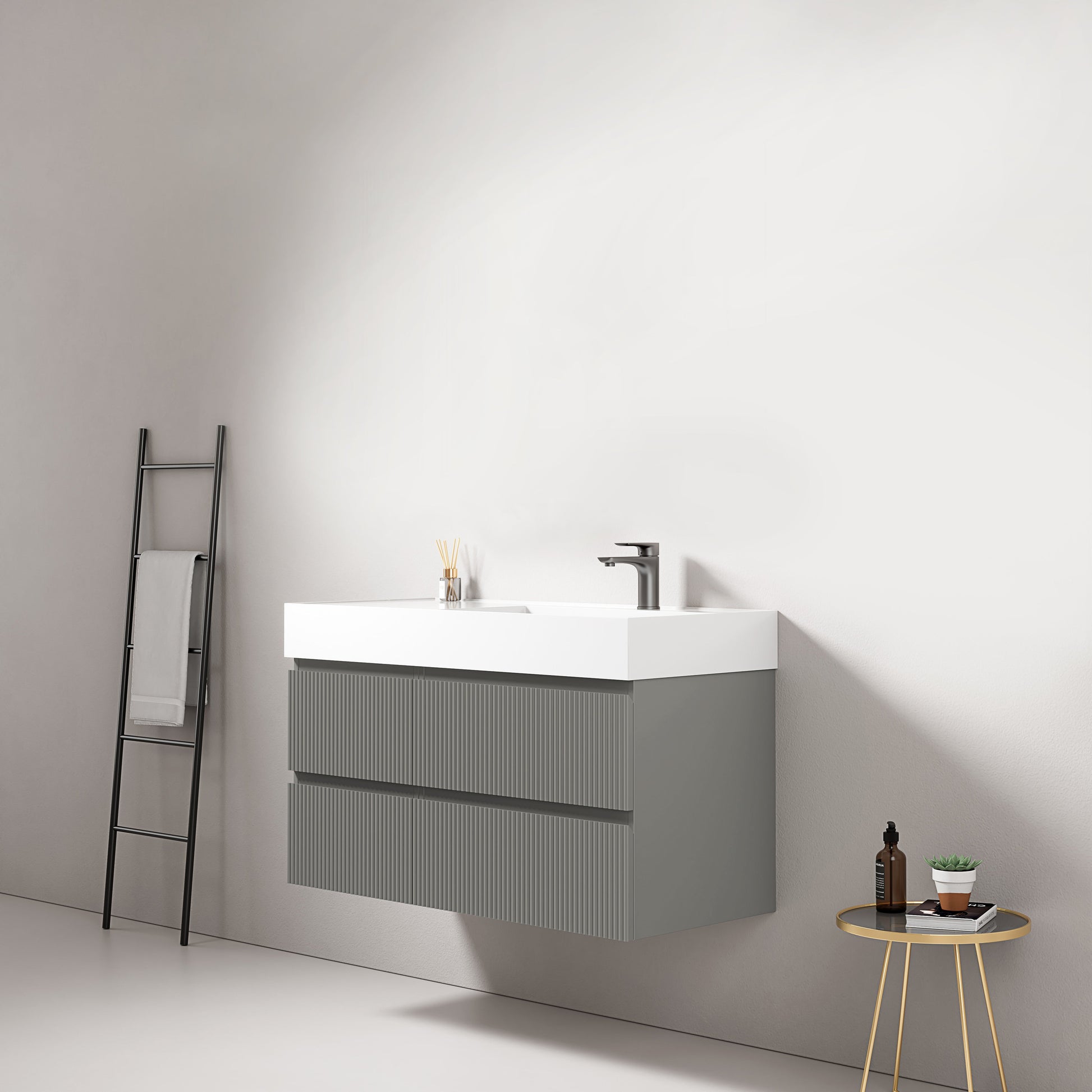 Mobile bagno sospeso cannettato 100 cm Grigio Londra Lavabo a Destra in Resina Senza Specchio - Fiji Paint