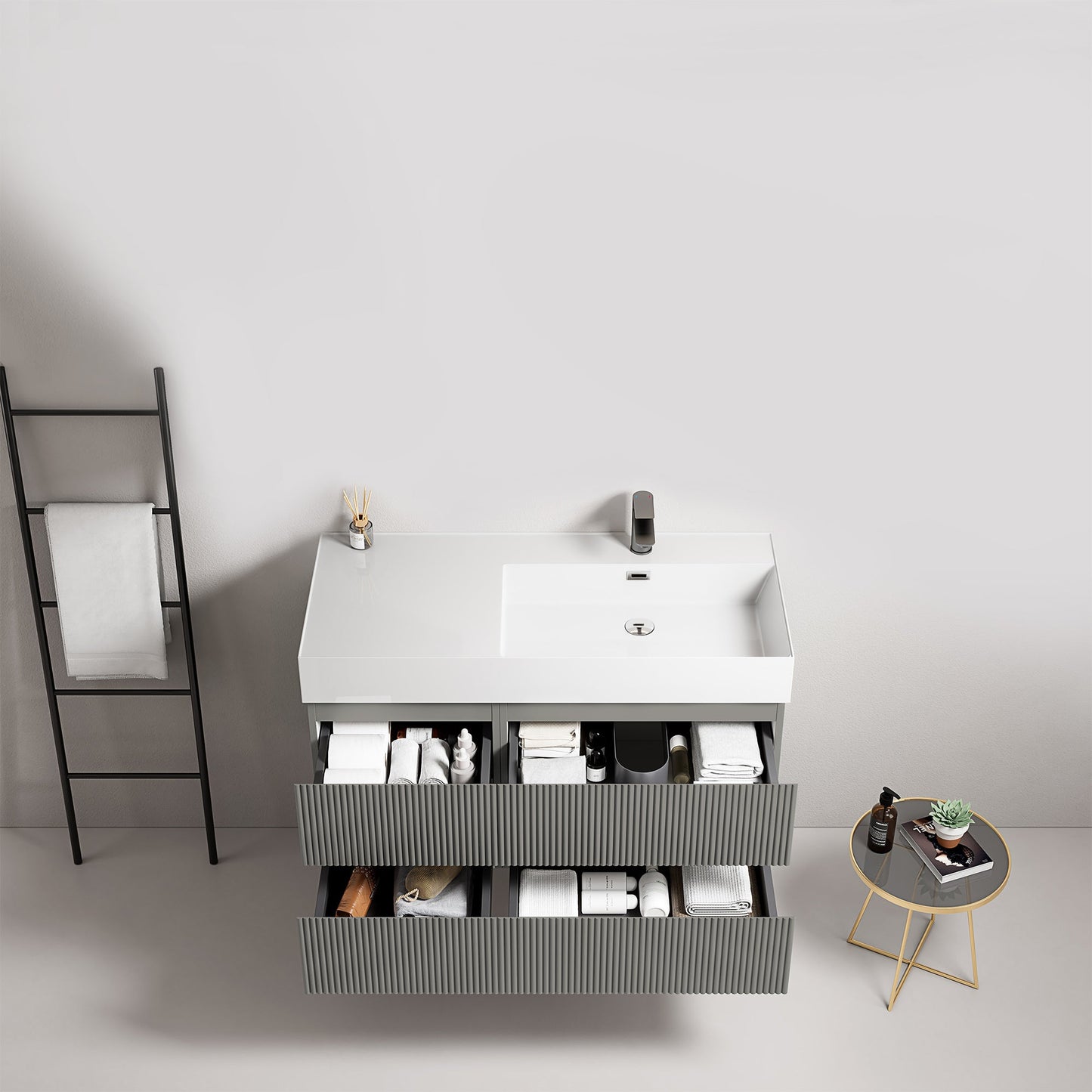 Mobile bagno sospeso cannettato 100 cm Grigio Londra Lavabo a Destra in Resina Senza Specchio - Fiji Paint