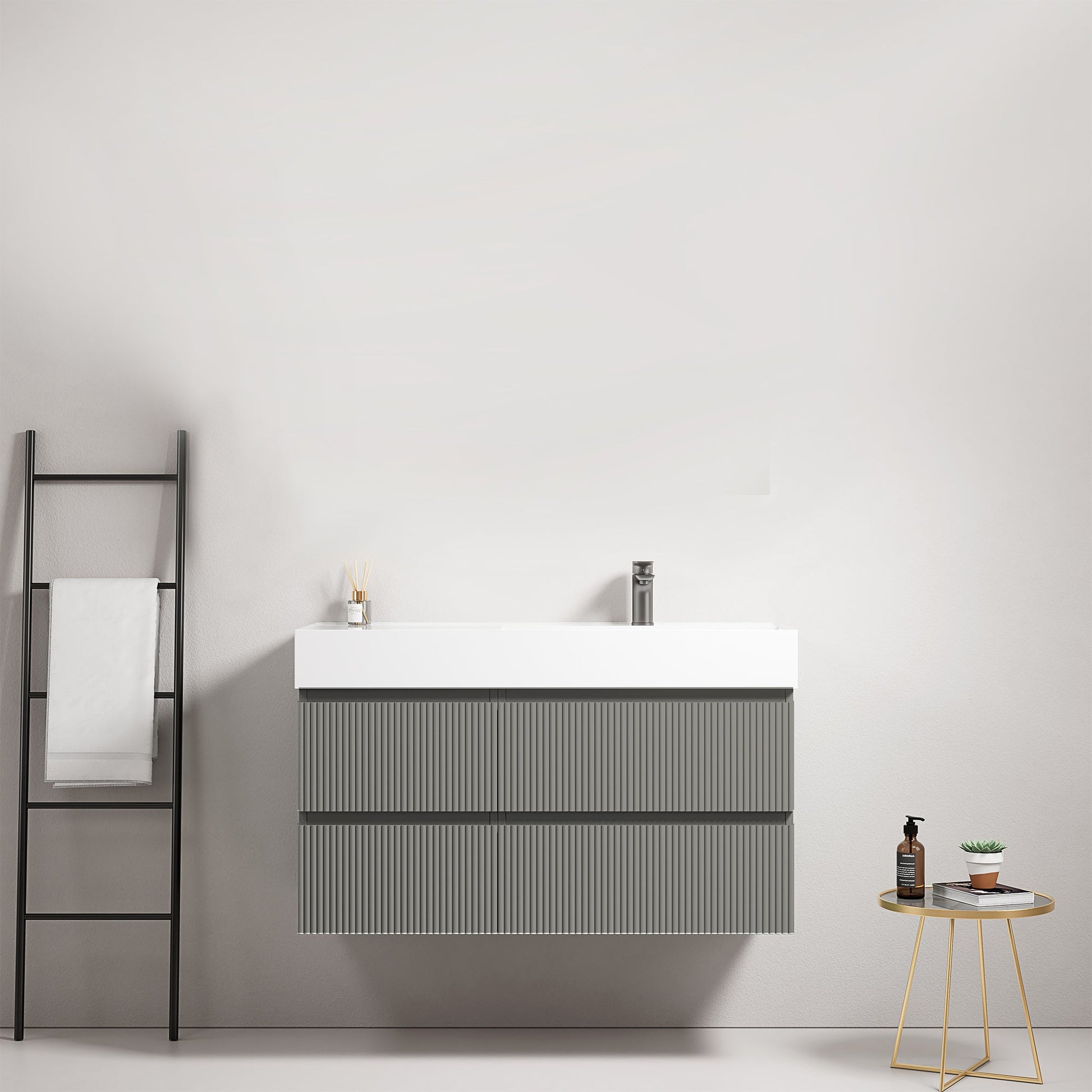 Mobile bagno sospeso cannettato 100 cm Grigio Londra Lavabo a Destra in Resina Senza Specchio - Fiji Paint