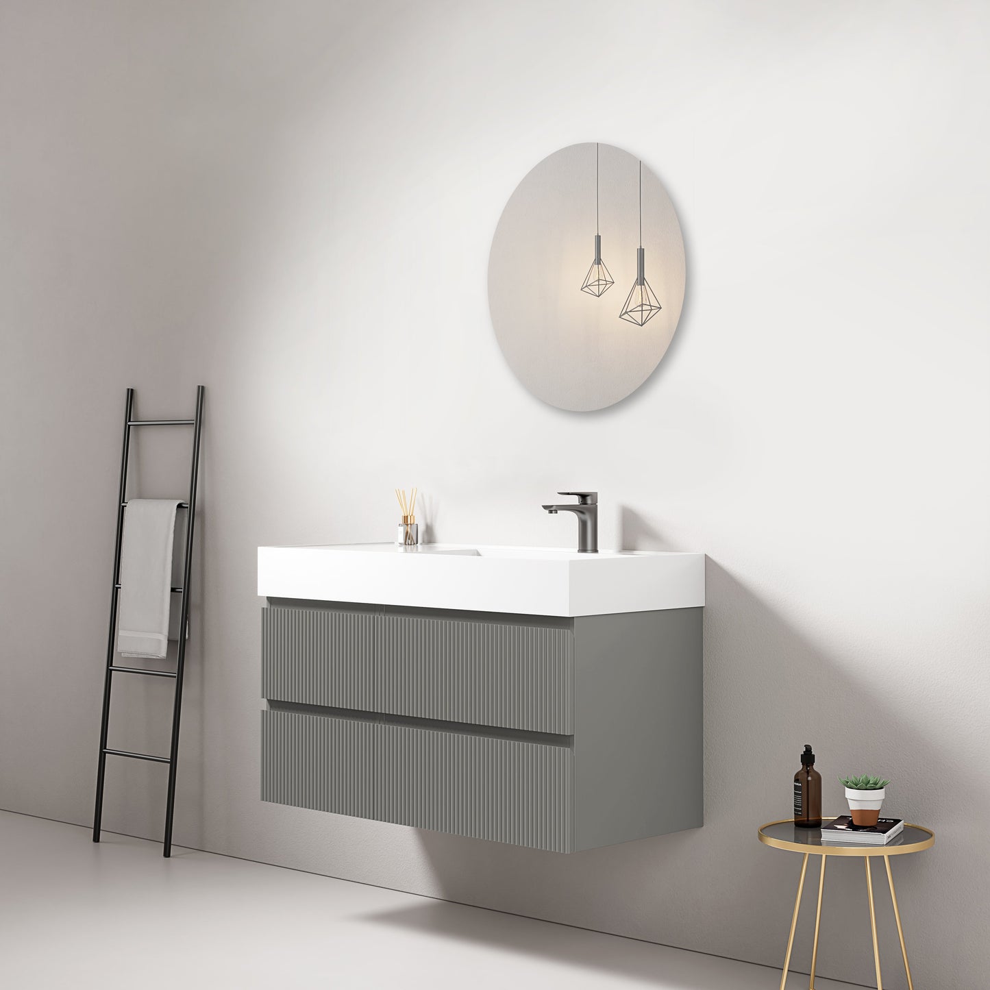 Mobile bagno sospeso cannettato 100 cm Grigio Londra Lavabo a Destra in Resina Specchio Tondo - Fiji Paint