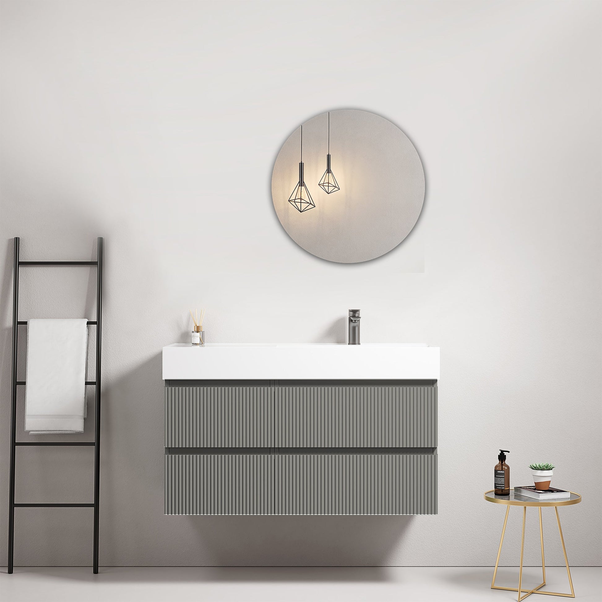 Mobile bagno sospeso cannettato 100 cm Grigio Londra Lavabo a Destra in Resina Specchio Tondo - Fiji Paint.