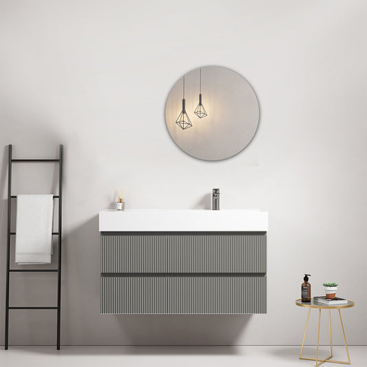 Mobile bagno sospeso cannettato 100 cm Grigio Londra Lavabo a Destra in Resina Specchio Tondo - Fiji Paint.