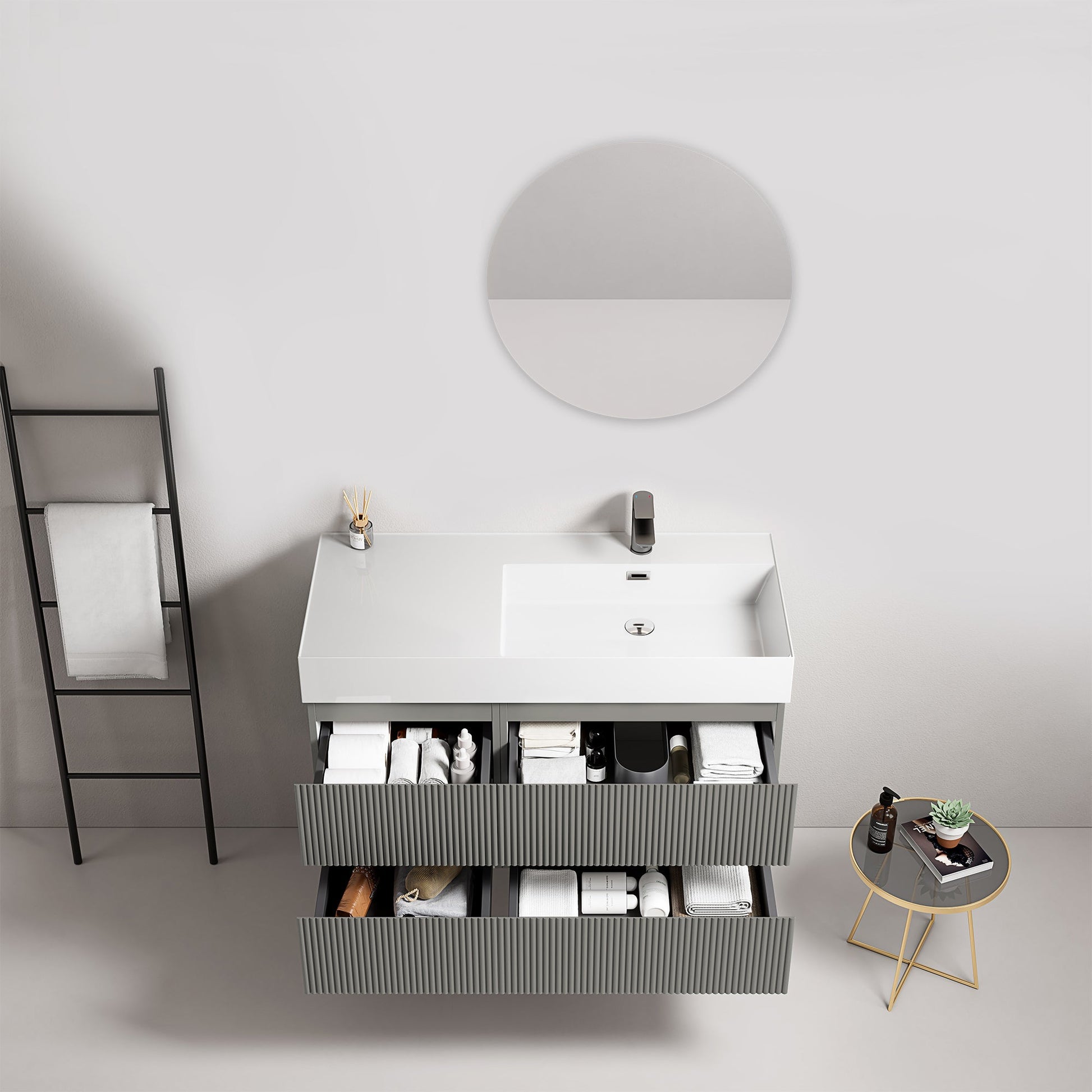 Mobile bagno sospeso cannettato 100 cm Grigio Londra Lavabo a Destra in Resina Specchio Tondo - Fiji Paint