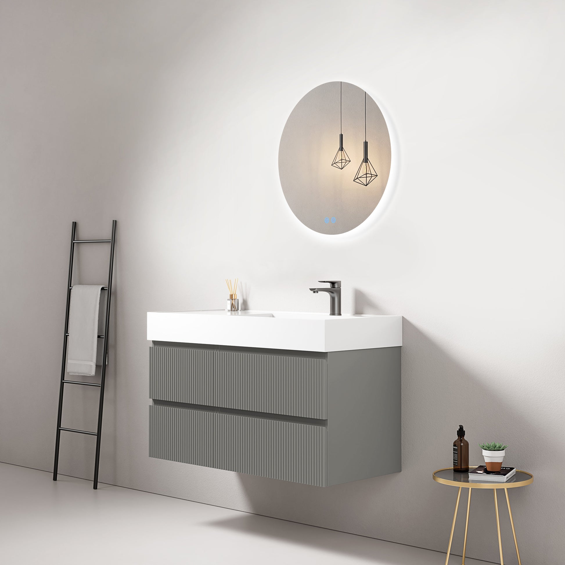 Mobile bagno sospeso cannettato 100 cm Grigio Londra Lavabo a Destra in Resina Specchio Tondo Retroilluminato - Fiji Paint