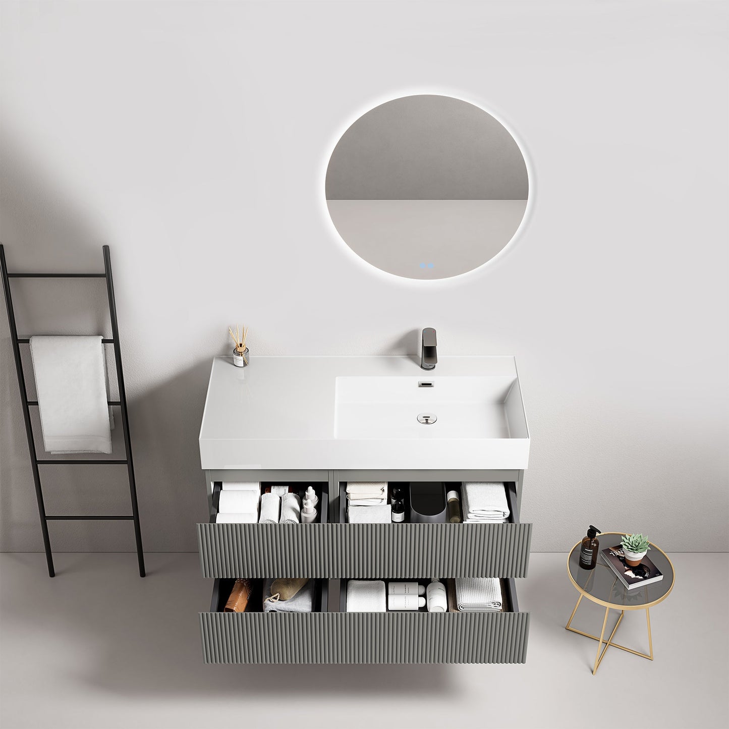 Mobile bagno sospeso cannettato 100 cm Grigio Londra Lavabo a Destra in Resina Specchio Tondo Retroilluminato - Fiji Paint