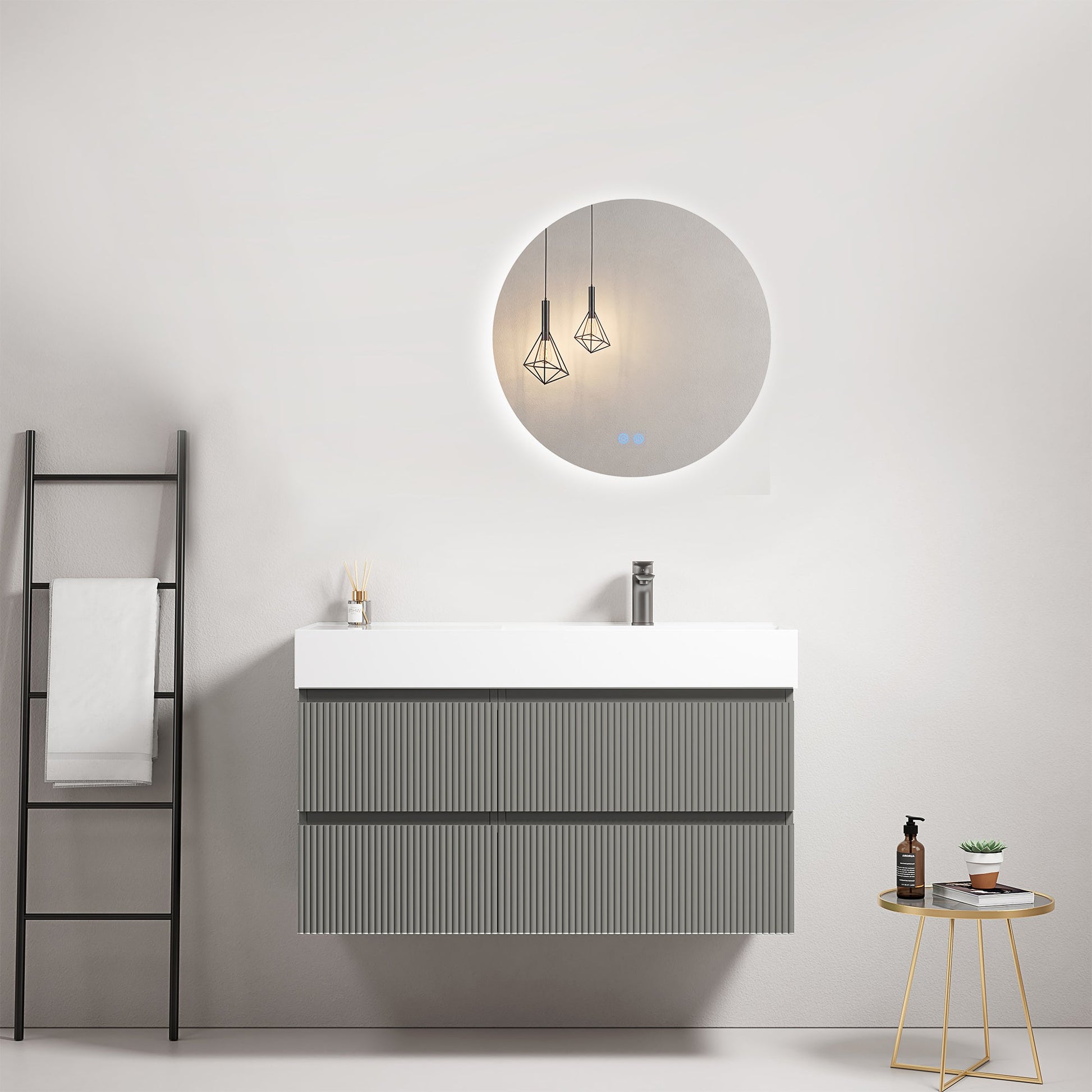 Mobile bagno sospeso cannettato 100 cm Grigio Londra Lavabo a Destra in Resina Specchio Tondo Retroilluminato - Fiji Paint