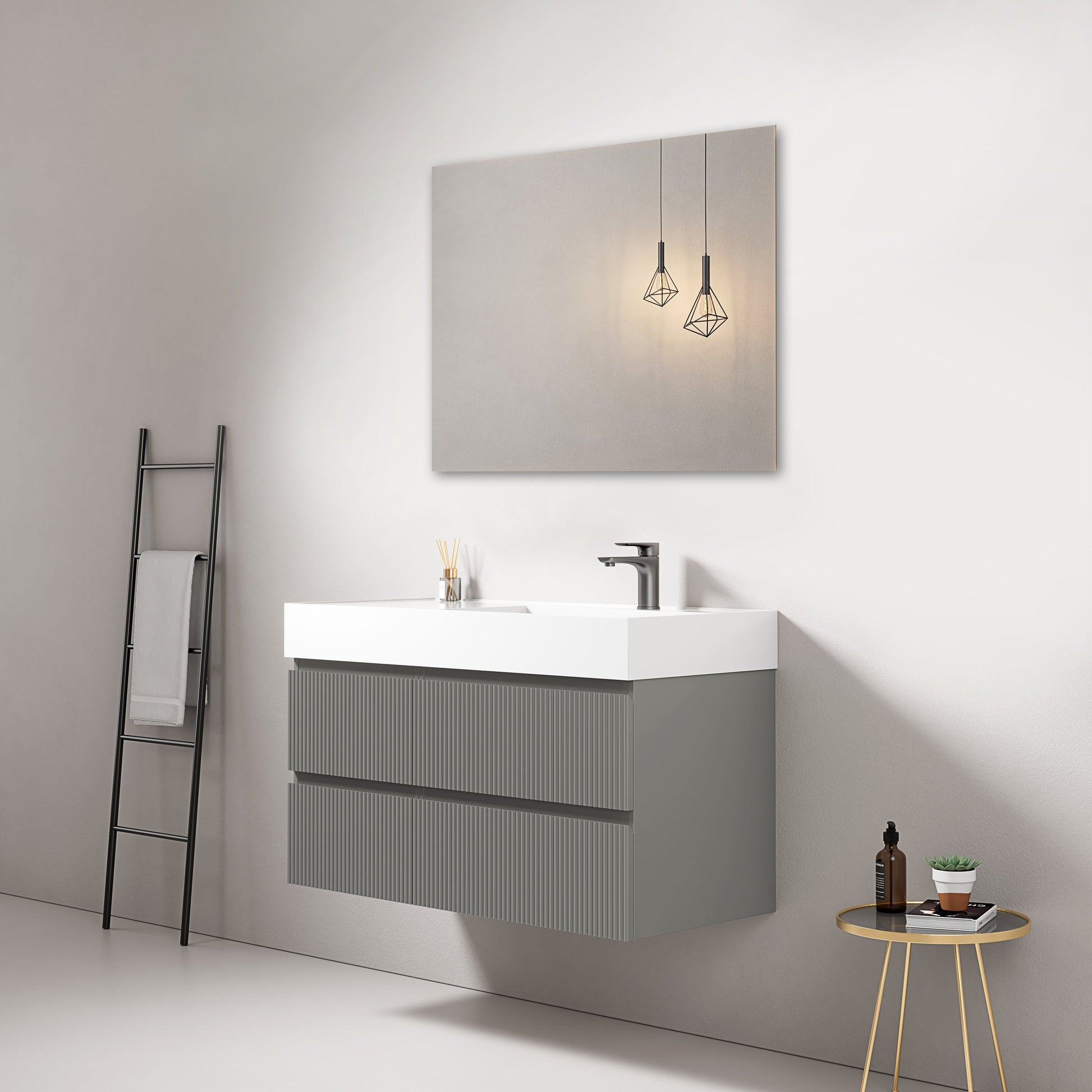 Mobile bagno sospeso cannettato 100 cm Grigio Londra Lavabo a Destra in Resina Specchio Quadro - Fiji Paint