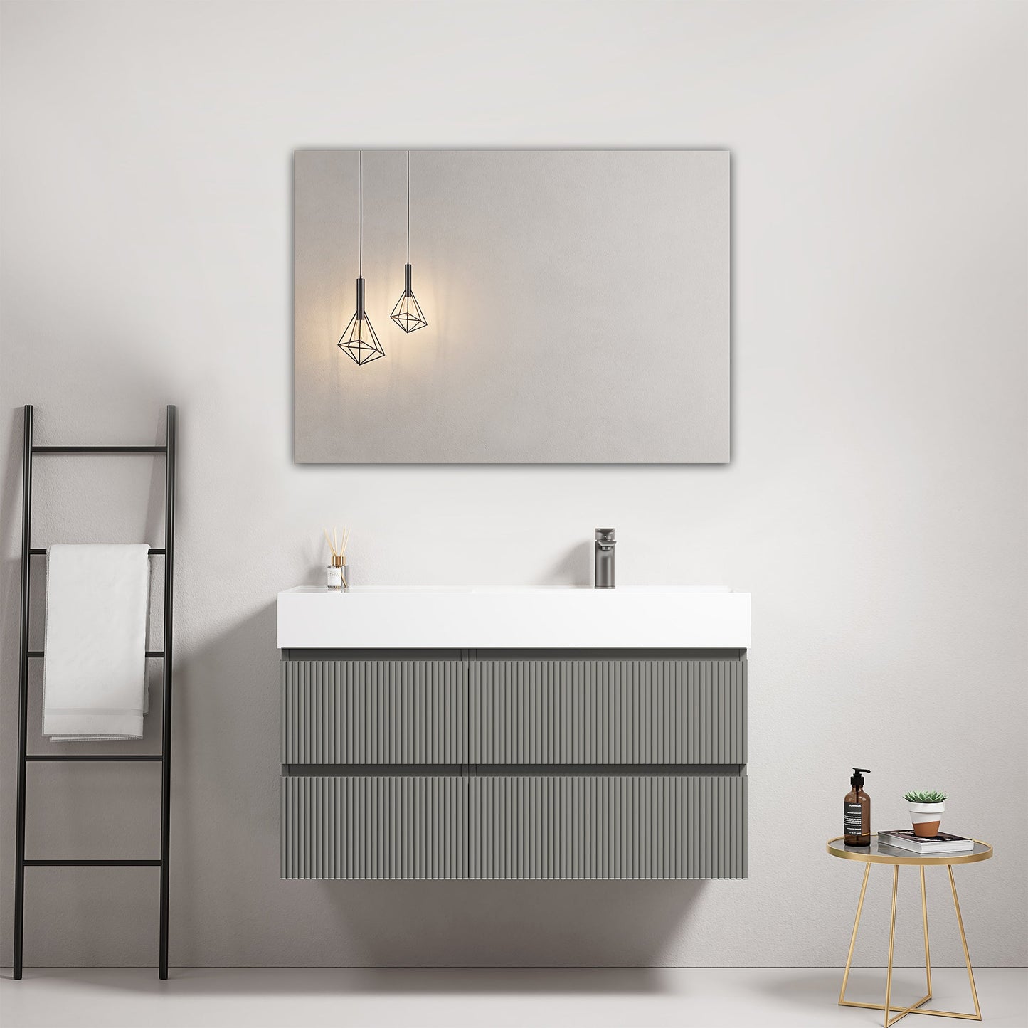 Mobile bagno sospeso cannettato 100 cm Grigio Londra Lavabo a Destra in Resina Specchio Quadro - Fiji Paint