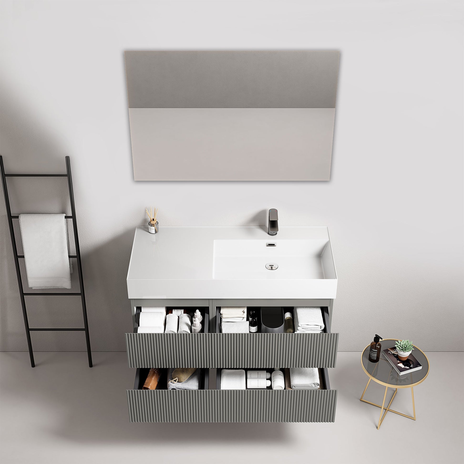 Mobile bagno sospeso cannettato 100 cm Grigio Londra Lavabo a Destra in Resina Specchio Quadro - Fiji Paint