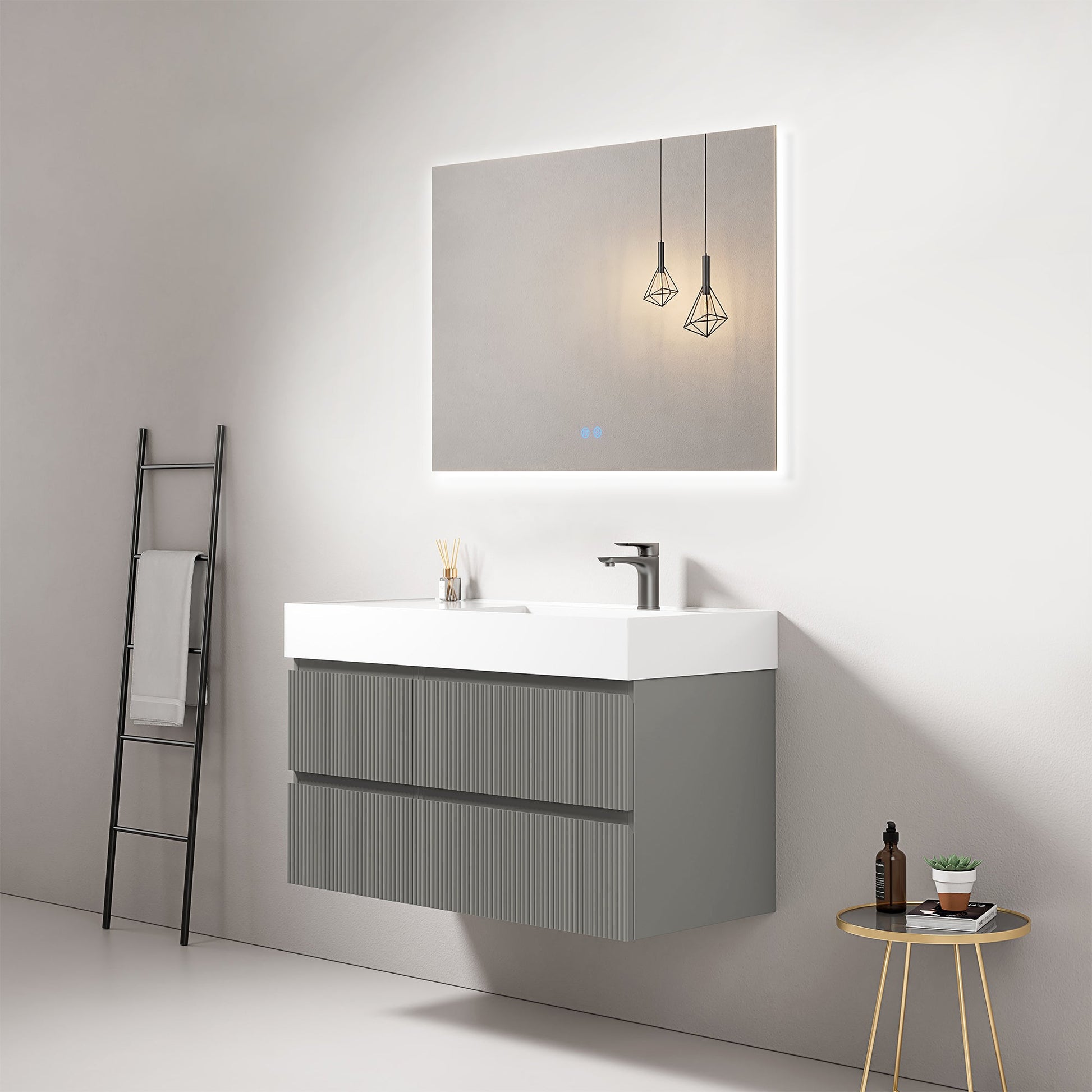 Mobile bagno sospeso cannettato 100 cm Grigio Londra Lavabo a Destra in Resina Specchio Quadro Retroilluminato - Fiji Paint