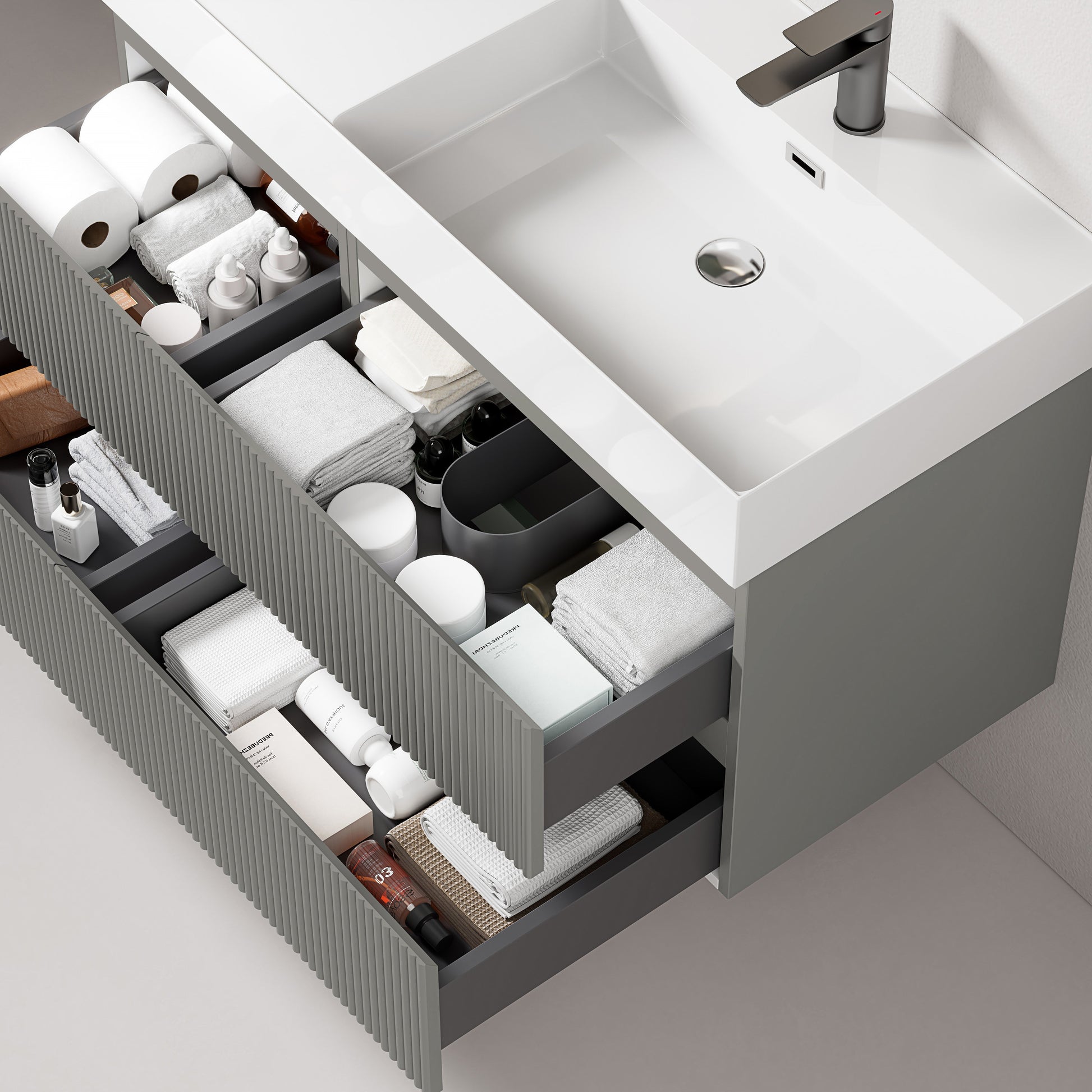 Mobile bagno sospeso cannettato 100 cm Grigio Londra Lavabo a Destra in Resina Specchio Quadro - Fiji Paint con cassetti organizzati.