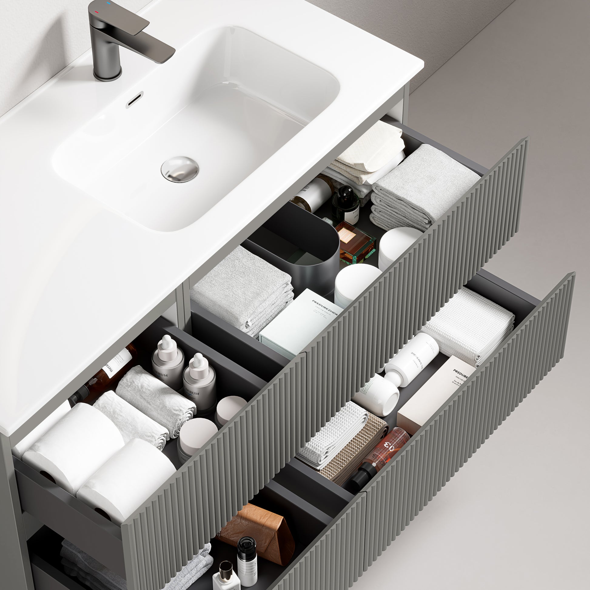 Mobile bagno sospeso cannettato 100 cm Grigio Londra Lavabo a Destra in Ceramica Senza Specchio - Fiji Paint con cassetti organizzati