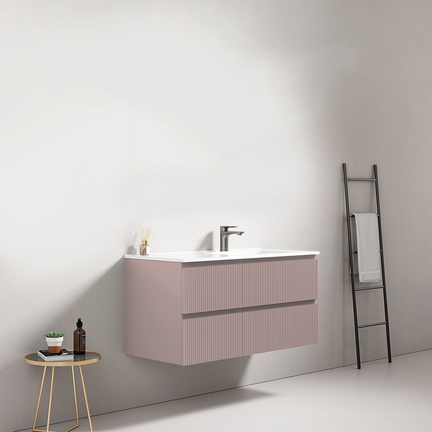Mobile bagno sospeso cannettato 100 cm Rosa Retro Lavabo a Destra in Ceramica Senza Specchio - Fiji Paint