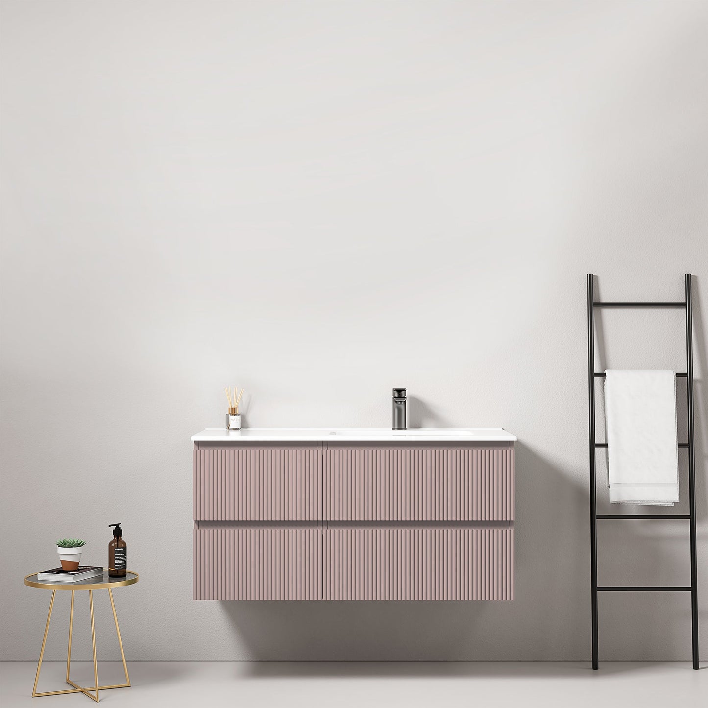 Mobile bagno sospeso cannettato 100 cm Rosa Retro Lavabo a Destra in Ceramica Senza Specchio - Fiji Paint