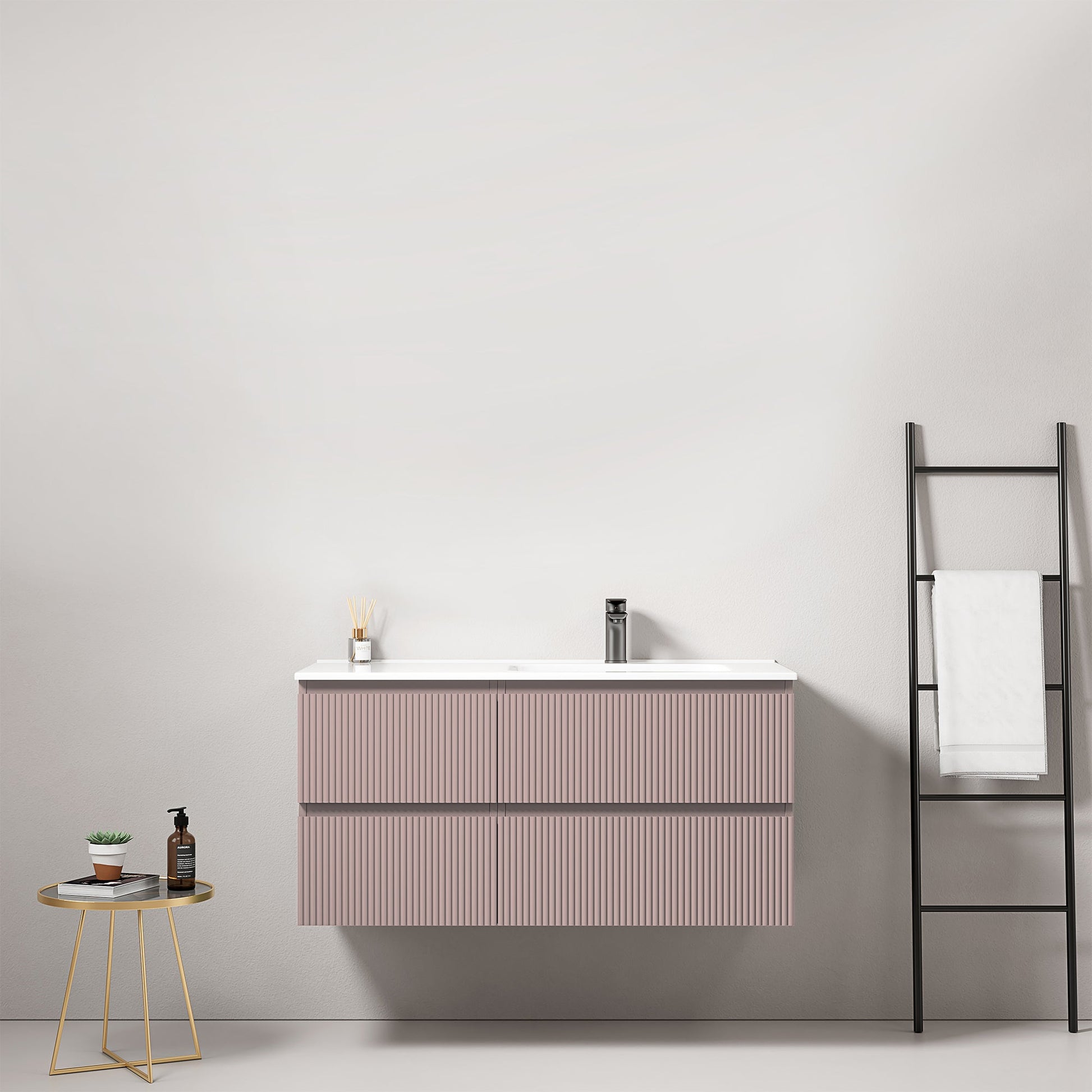 Mobile bagno sospeso cannettato 100 cm Rosa Retro Lavabo a Destra in Ceramica Senza Specchio - Fiji Paint