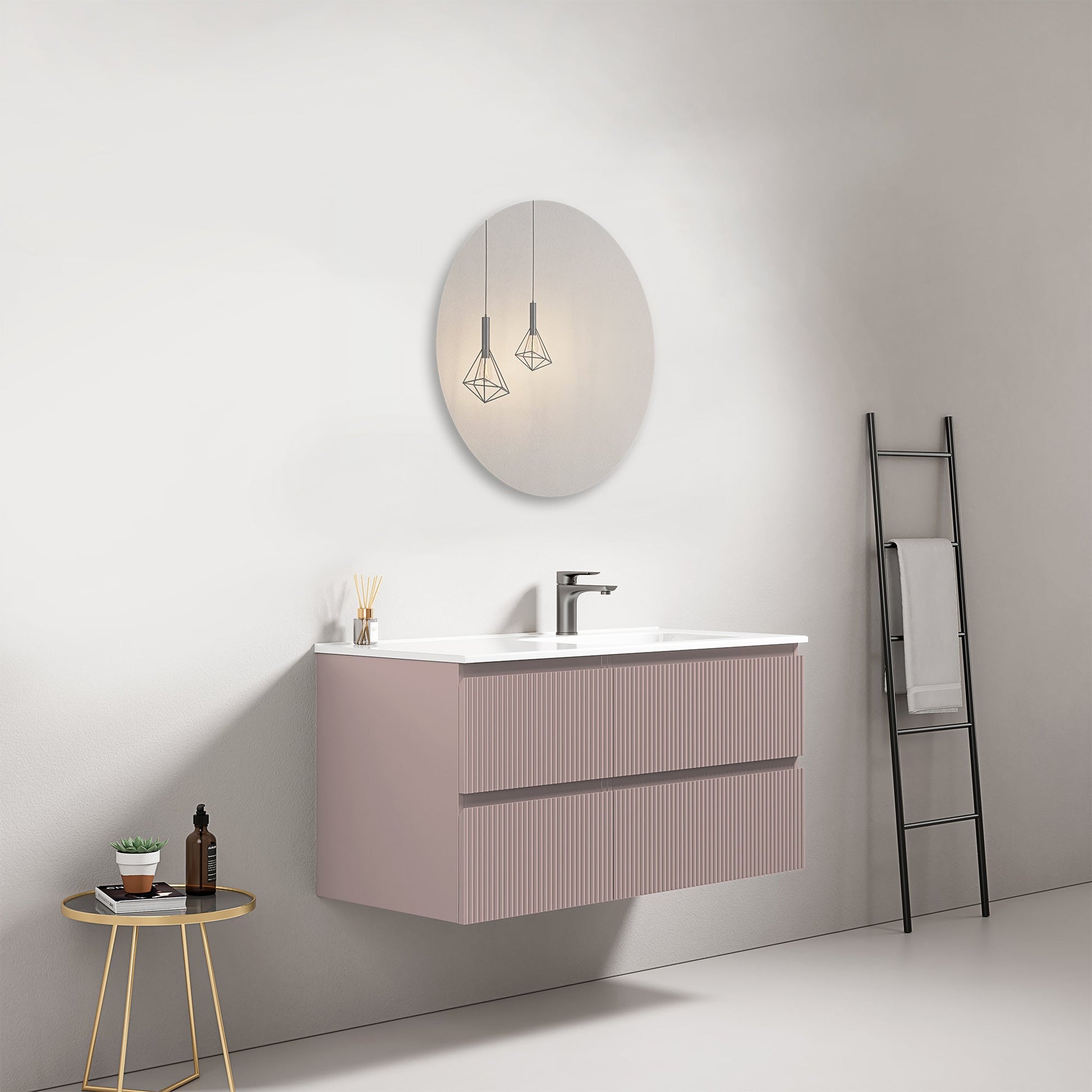 Mobile bagno sospeso cannettato 100 cm Rosa Retro Lavabo a Destra in Ceramica Specchio Tondo - Fiji Paint