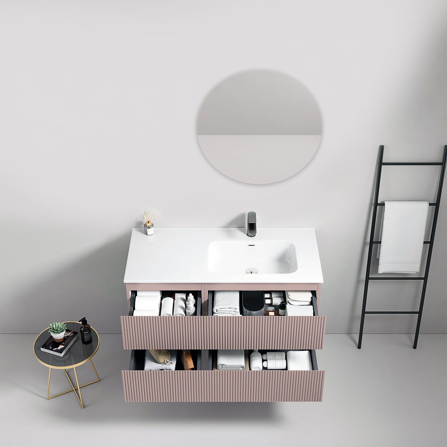 Mobile bagno sospeso cannettato 100 cm Rosa Retro Lavabo a Destra in Ceramica Specchio Tondo - Fiji Paint con design moderno.