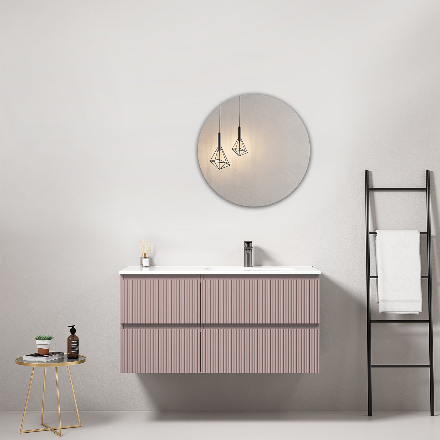 Mobile bagno sospeso cannettato 100 cm Rosa Retro Lavabo a Destra in Ceramica Specchio Tondo - Fiji Paint.