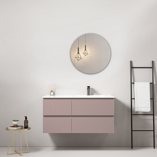 Mobile bagno sospeso cannettato 100 cm Rosa Retro Lavabo a Destra in Ceramica Specchio Tondo - Fiji Paint.