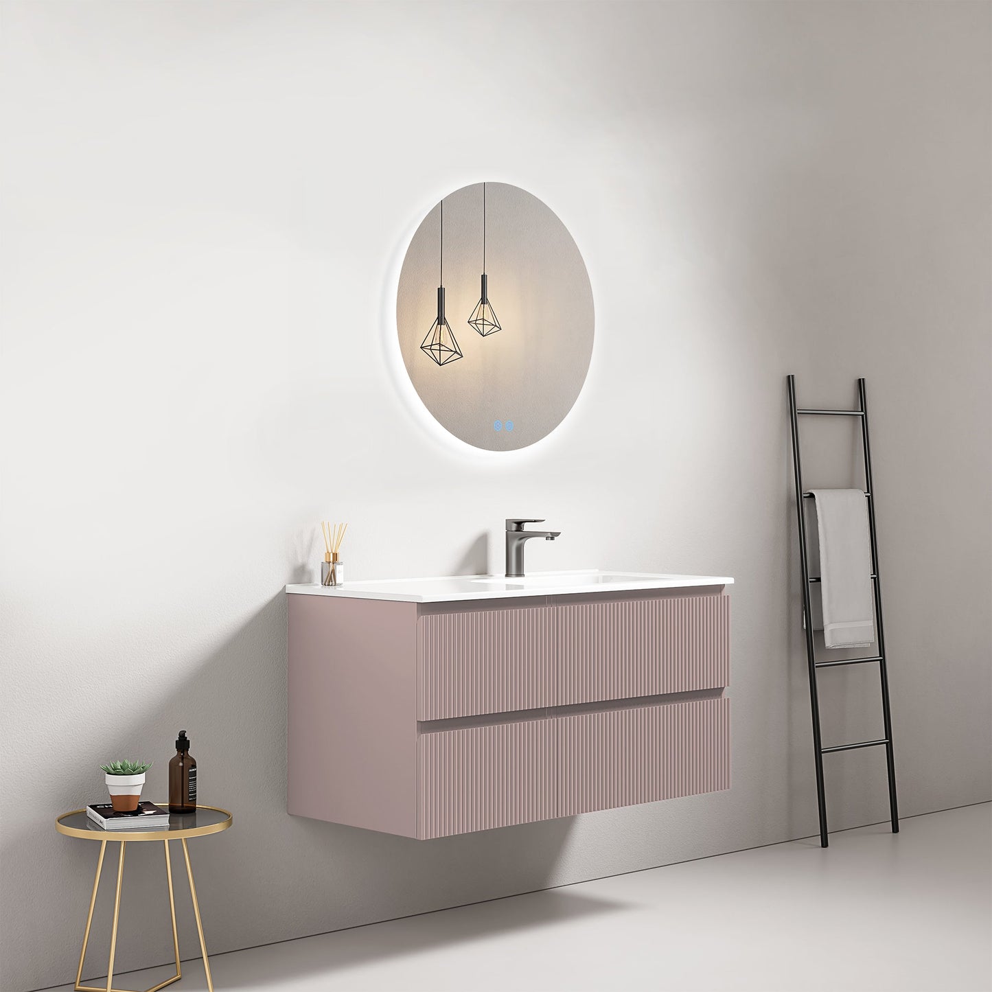 Mobile bagno sospeso cannettato 100 cm Rosa Retro Lavabo a Destra in Ceramica Specchio Tondo Retroilluminato - Fiji Paint
