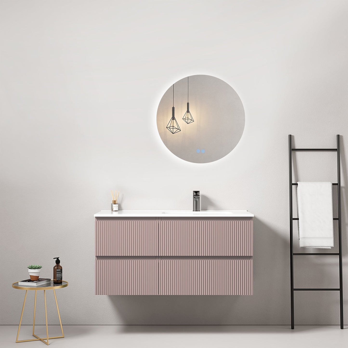 Mobile bagno sospeso cannettato 100 cm Rosa Retro Lavabo a Destra in Ceramica Specchio Tondo Retroilluminato - Fiji Paint.