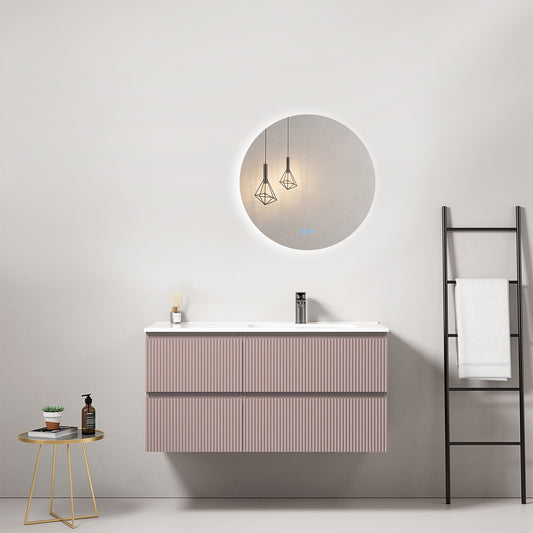Mobile bagno sospeso cannettato 100 cm Rosa Retro Lavabo a Destra in Ceramica Specchio Tondo Retroilluminato - Fiji Paint