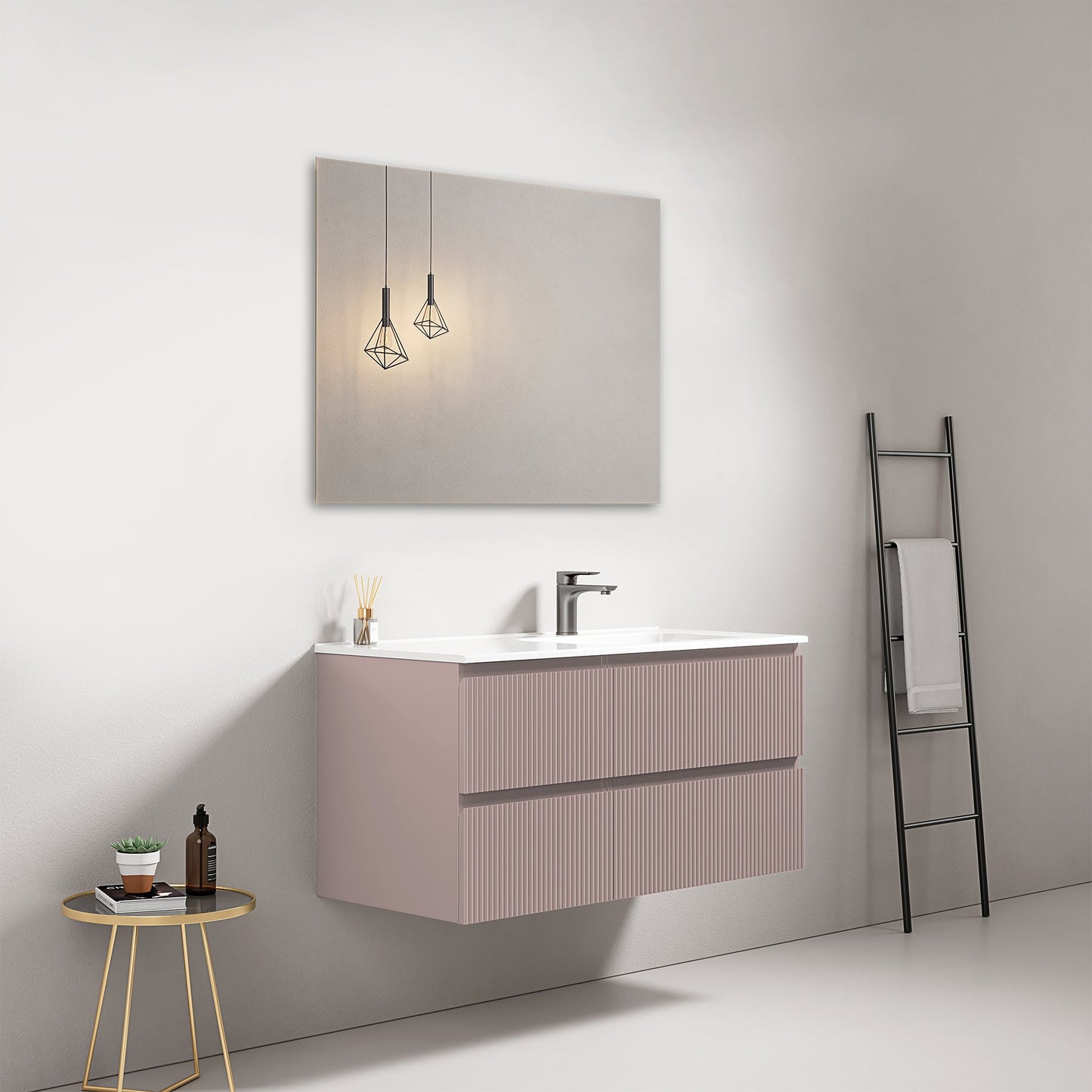 Mobile bagno sospeso cannettato 100 cm Rosa Retro Lavabo a Destra in Ceramica Specchio Quadro - Fiji Paint
