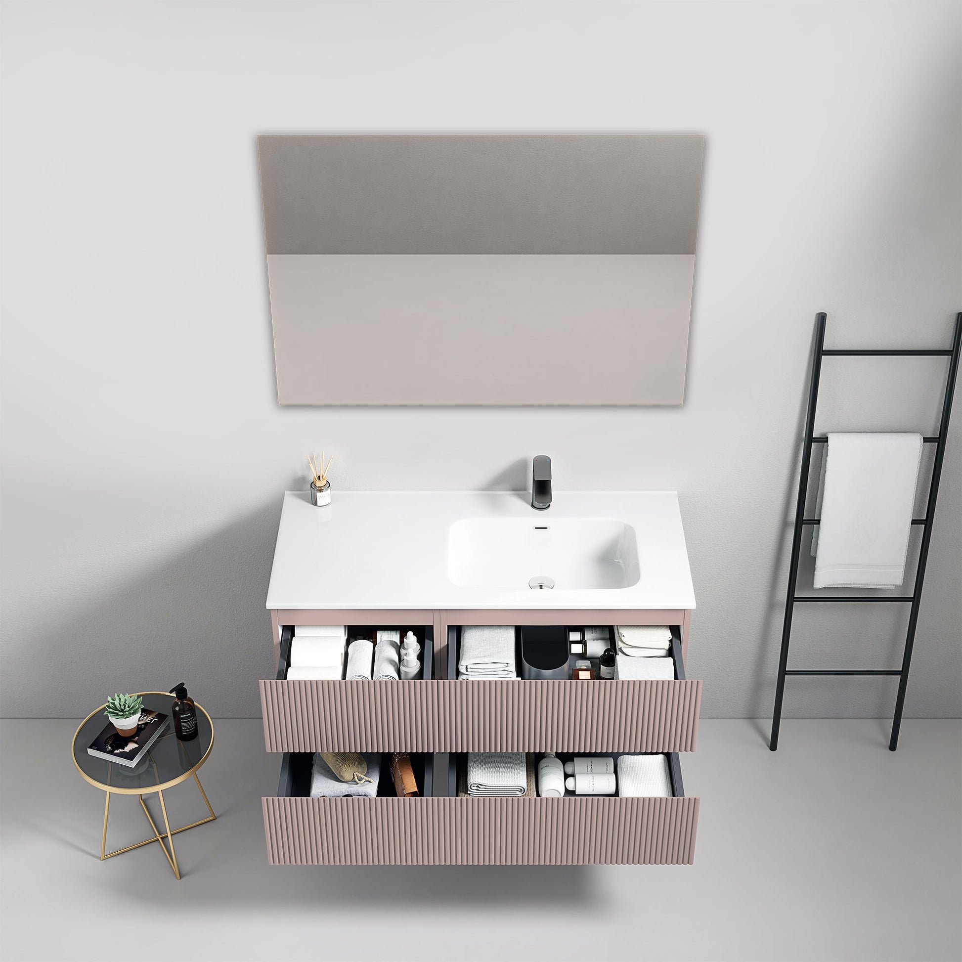 Mobile bagno sospeso cannettato 100 cm Rosa Retro Lavabo a Destra in Ceramica Specchio Quadro - Fiji Paint