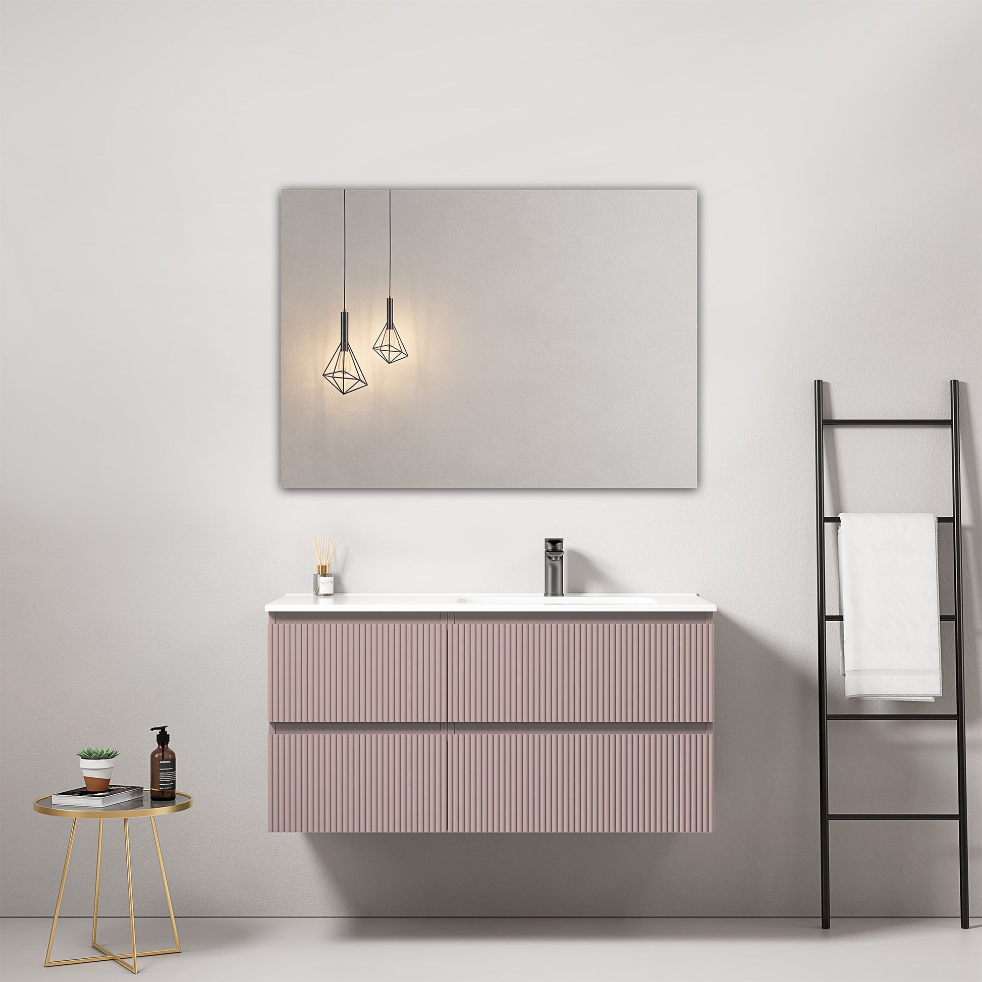 Mobile bagno sospeso cannettato 100 cm Rosa Retro Lavabo a Destra in Ceramica Specchio Quadro - Fiji Paint in un design elegante.