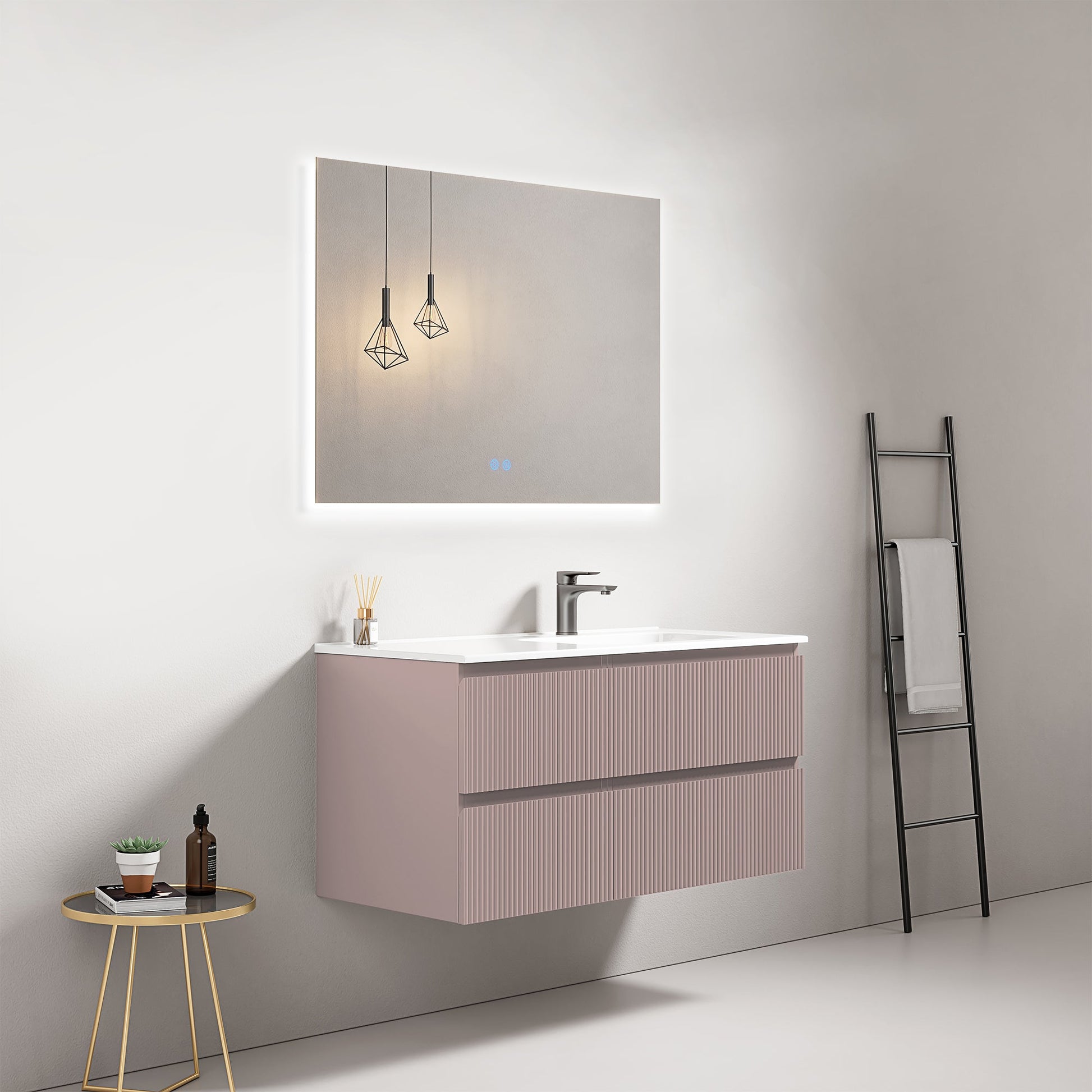 Mobile bagno sospeso cannettato 100 cm Rosa Retro Lavabo a Destra in Ceramica Specchio Quadro Retroilluminato - Fiji Paint