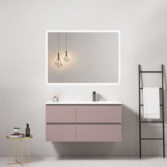 Mobile bagno sospeso cannettato 100 cm Rosa Retro Lavabo a Destra in Ceramica Specchio Quadro Retroilluminato - Fiji Paint