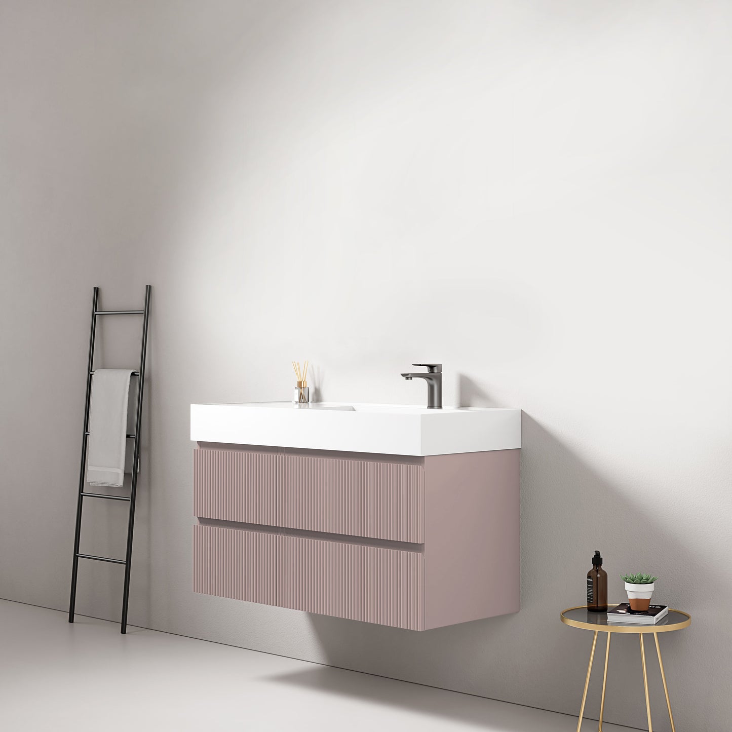 Mobile bagno sospeso cannettato 100 cm Rosa Retro Lavabo a Destra in Resina Senza Specchio - Fiji Paint