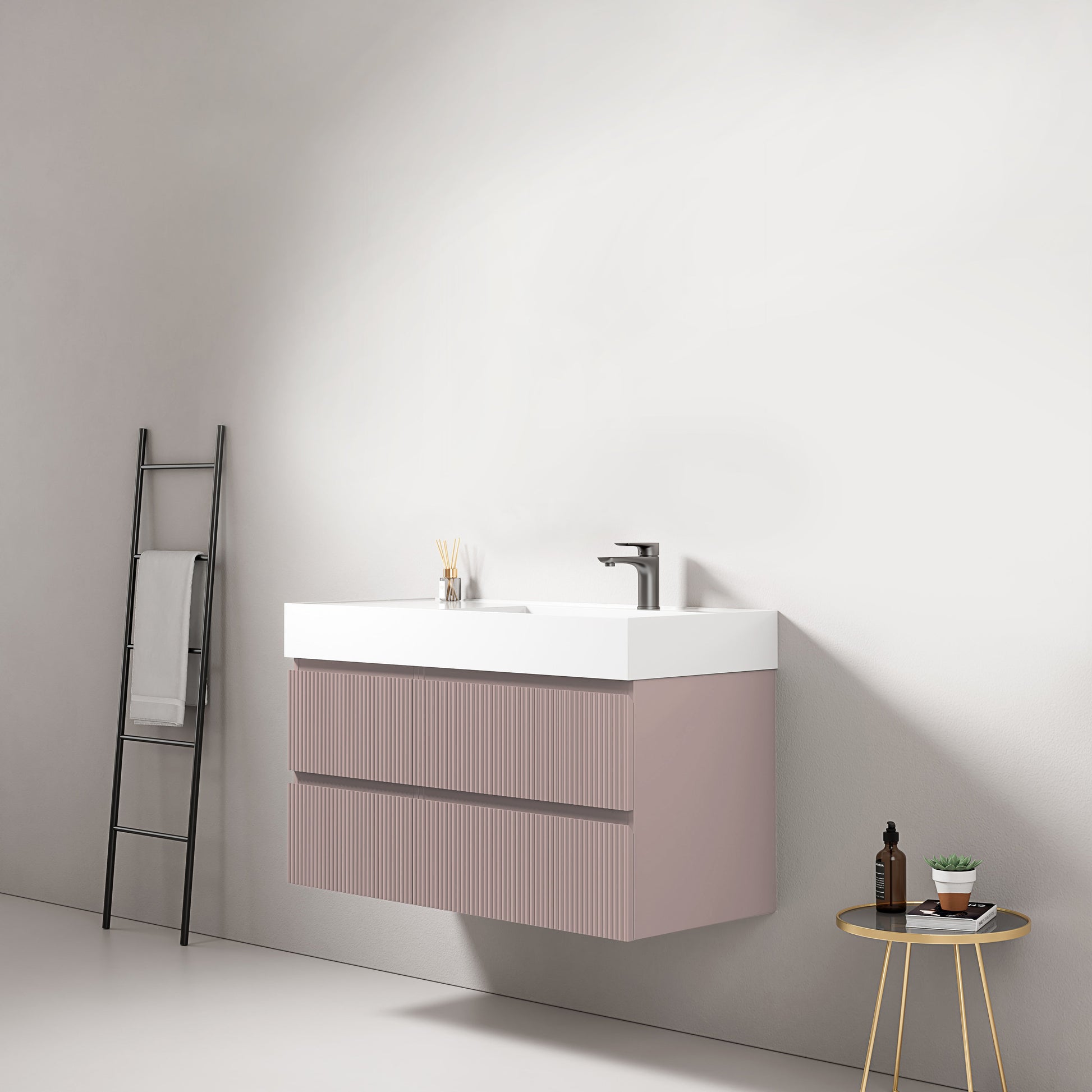 Mobile bagno sospeso cannettato 100 cm Rosa Retro Lavabo a Destra in Resina Senza Specchio - Fiji Paint