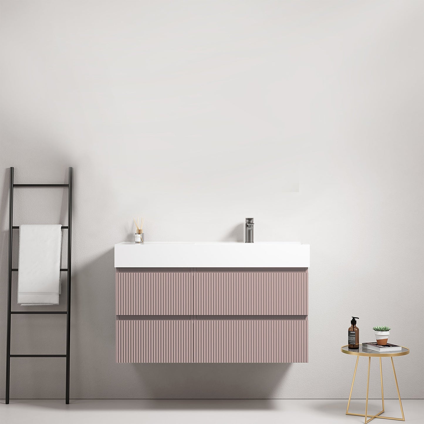 Mobile bagno sospeso cannettato 100 cm Rosa Retro Lavabo a Destra in Resina Senza Specchio - Fiji Paint