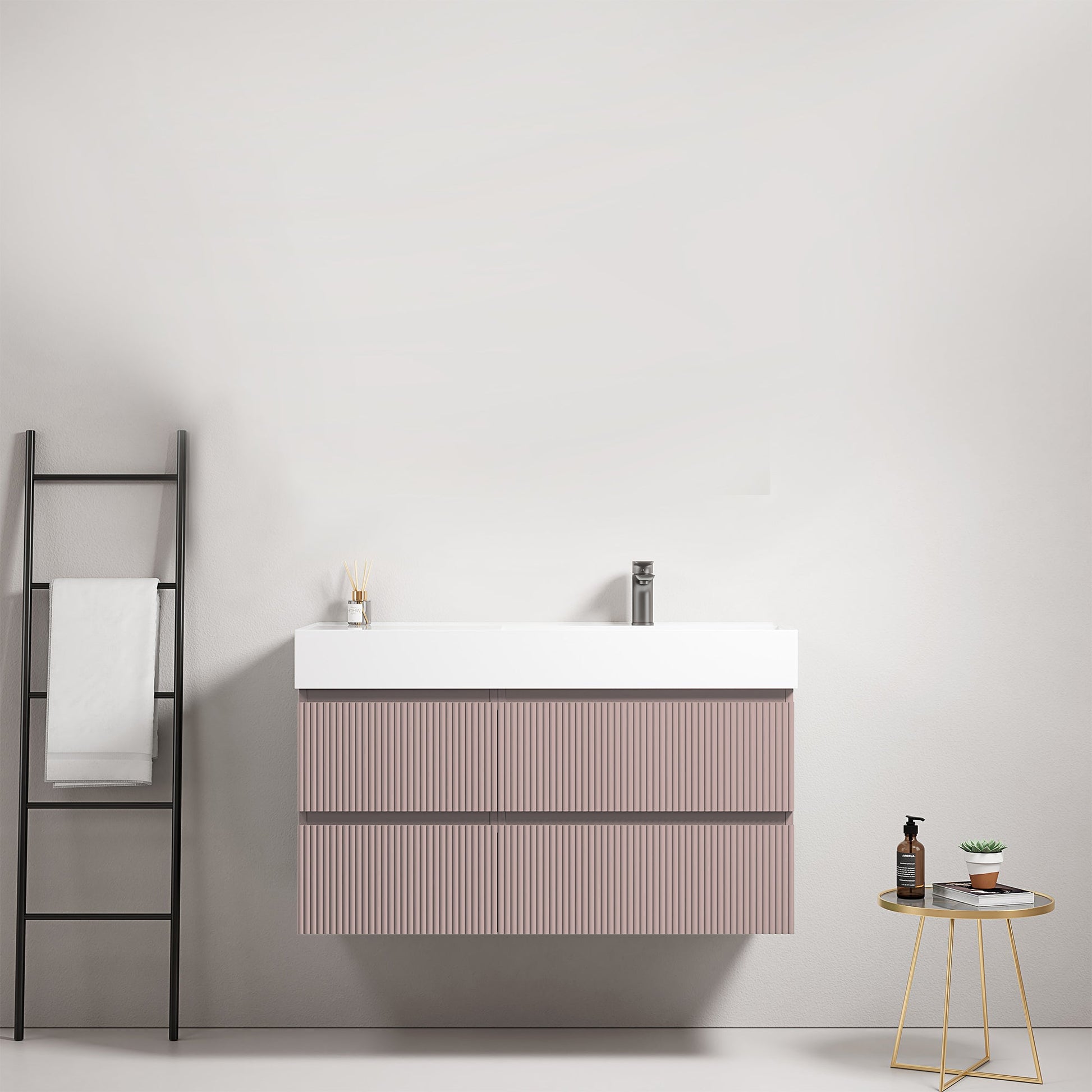 Mobile bagno sospeso cannettato 100 cm Rosa Retro Lavabo a Destra in Resina Senza Specchio - Fiji Paint