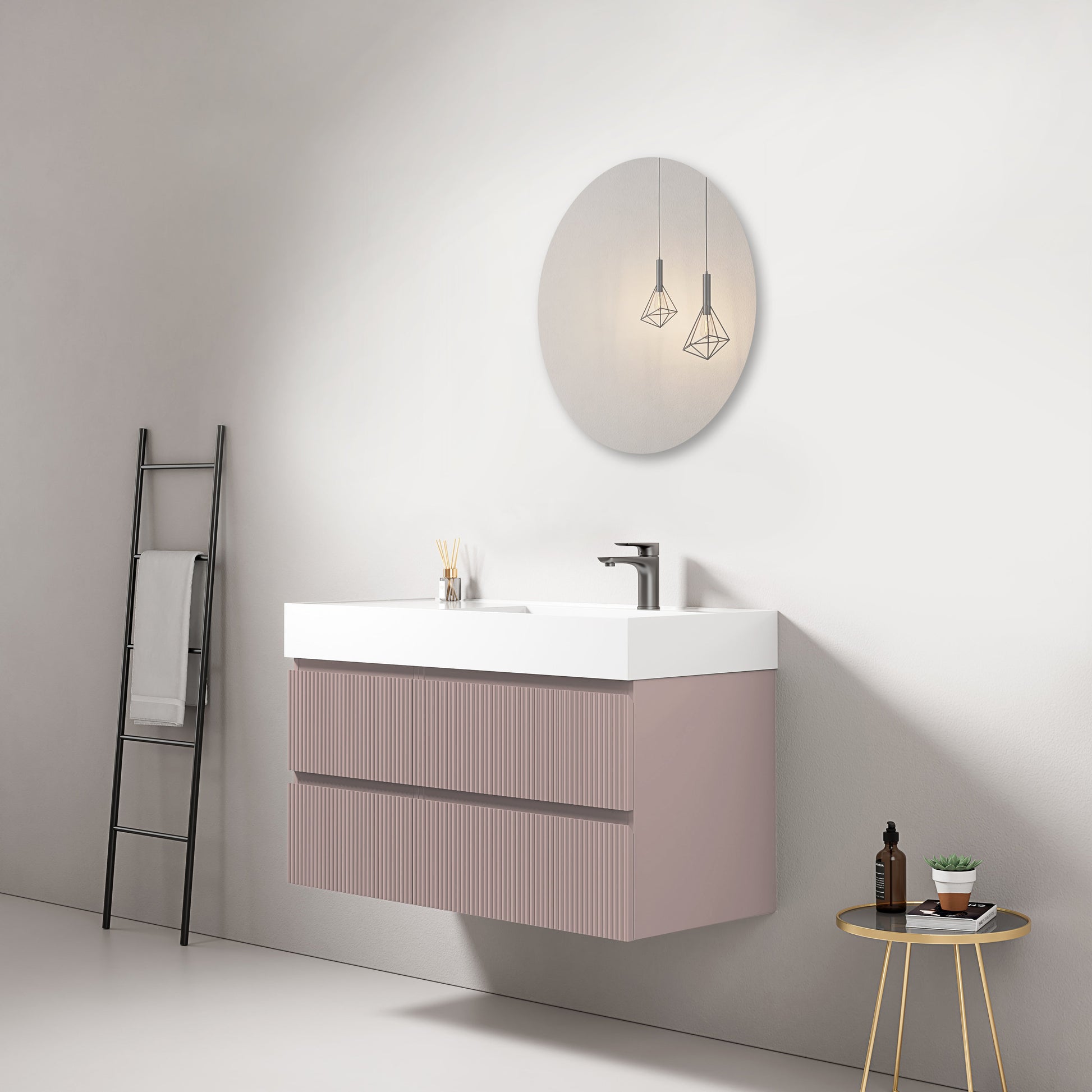 Mobile bagno sospeso cannettato 100 cm Rosa Retro Lavabo a Destra in Resina Specchio Tondo - Fiji Paint