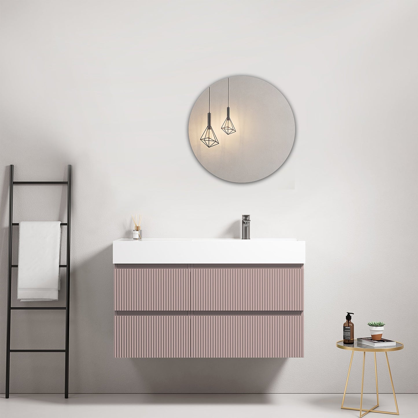 Mobile bagno sospeso cannettato 100 cm Rosa Retro Lavabo a Destra in Resina Specchio Tondo - Fiji Paint nello spazio moderno.