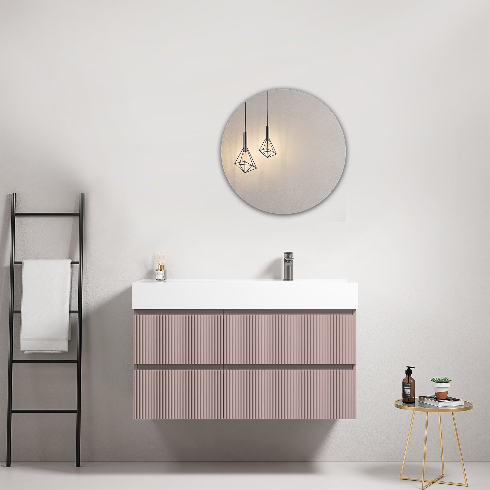 Mobile bagno sospeso cannettato 100 cm Rosa Retro Lavabo a Destra in Resina Specchio Tondo - Fiji Paint nello spazio moderno.