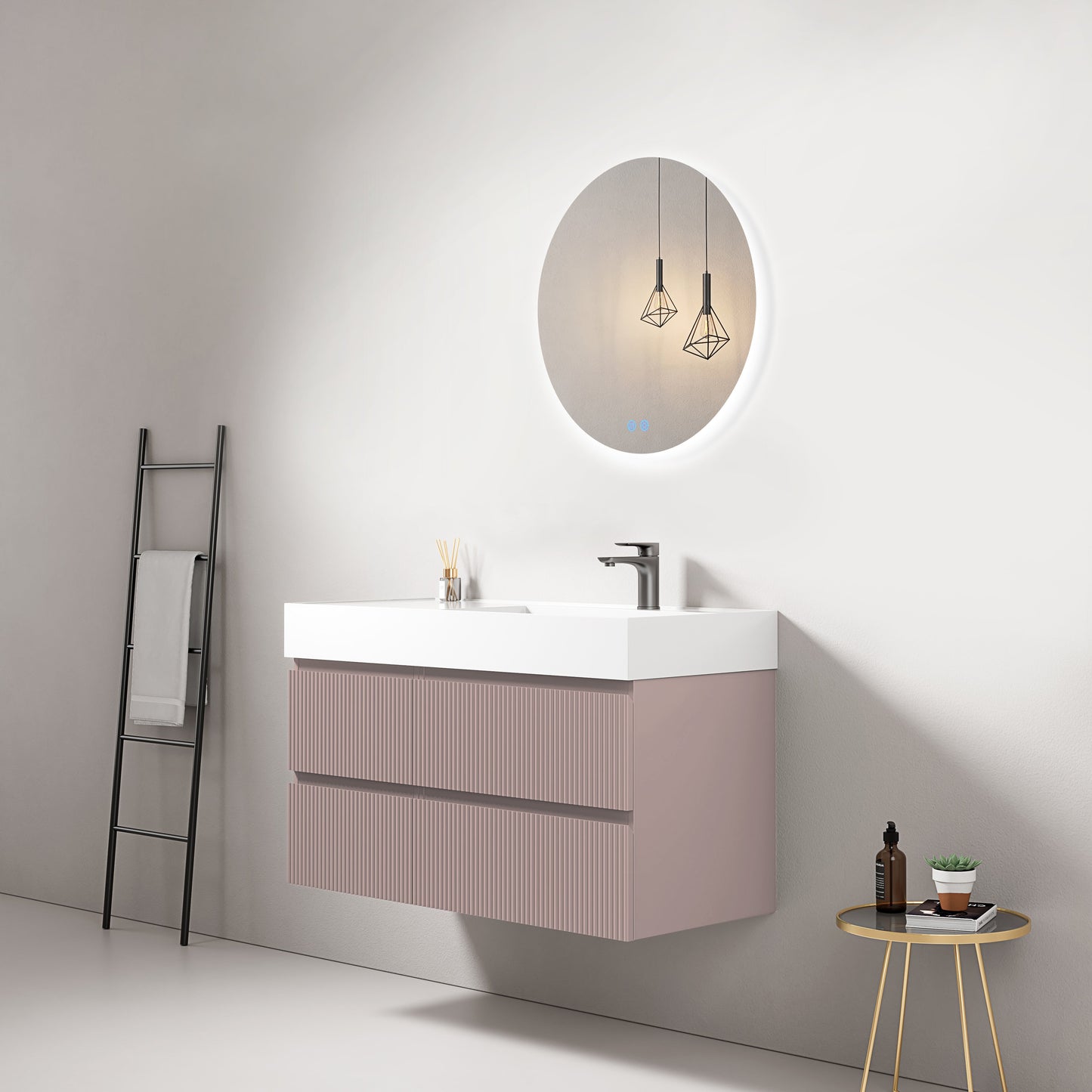 Mobile bagno sospeso cannettato 100 cm Rosa Retro Lavabo a Destra in Resina Specchio Tondo Retroilluminato - Fiji Paint
