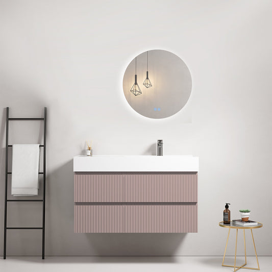 Mobile bagno sospeso cannettato 100 cm Rosa Retro Lavabo a Destra in Resina Specchio Tondo Retroilluminato - Fiji Paint