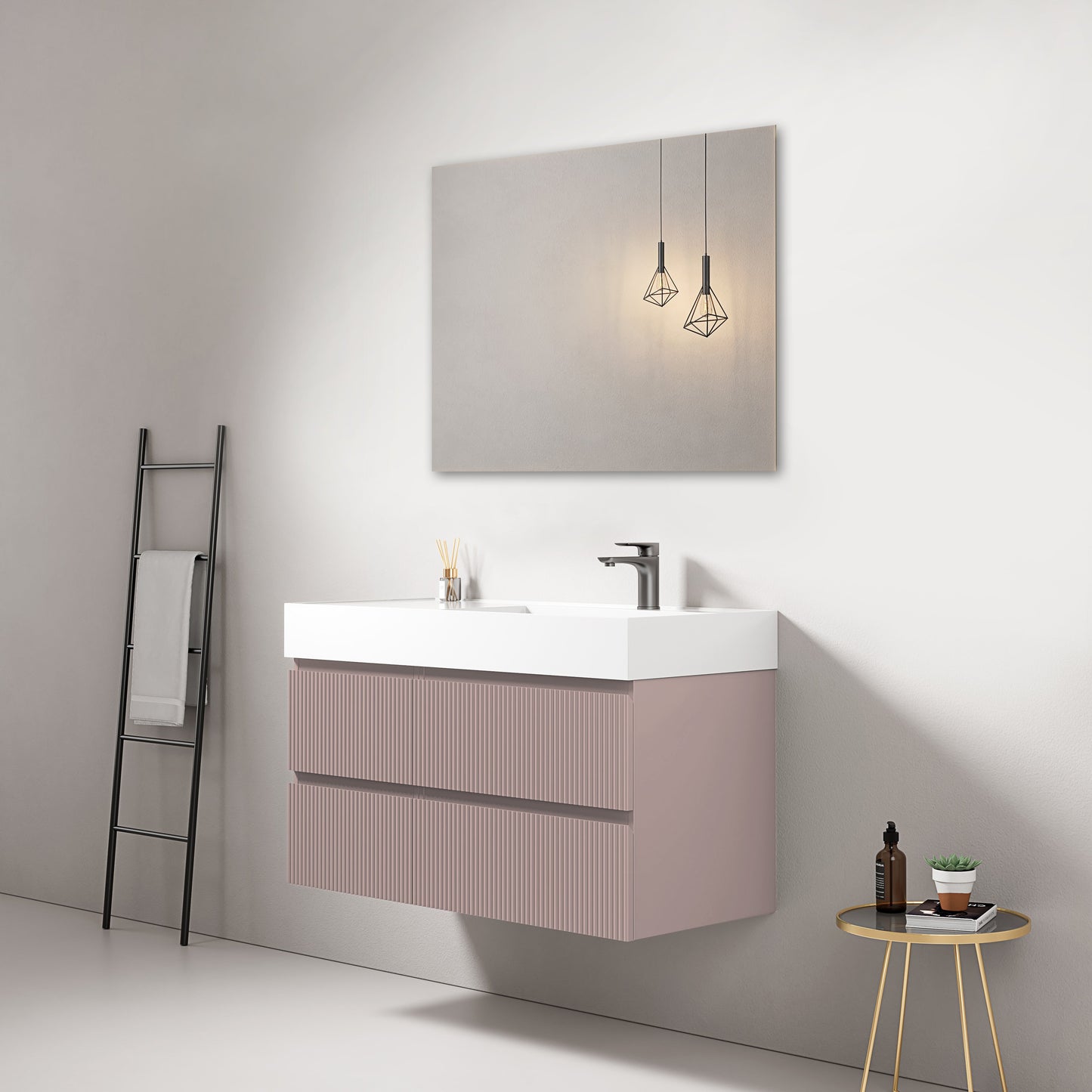 Mobile bagno sospeso cannettato 100 cm Rosa Retro Lavabo a Destra in Resina Specchio Quadro - Fiji Paint