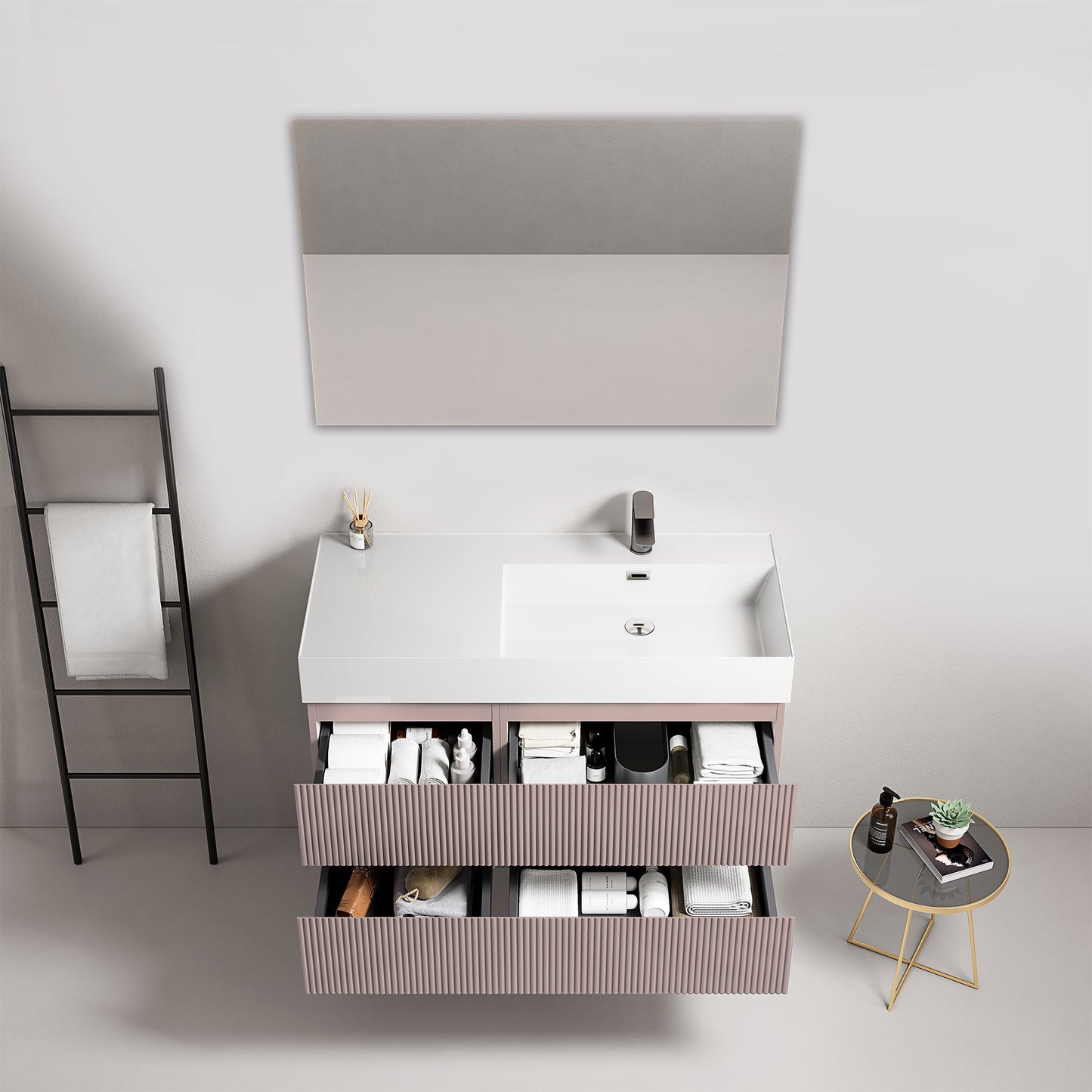 Mobile bagno sospeso cannettato 100 cm Rosa Retro Lavabo a Destra in Resina Specchio Quadro - Fiji Paint