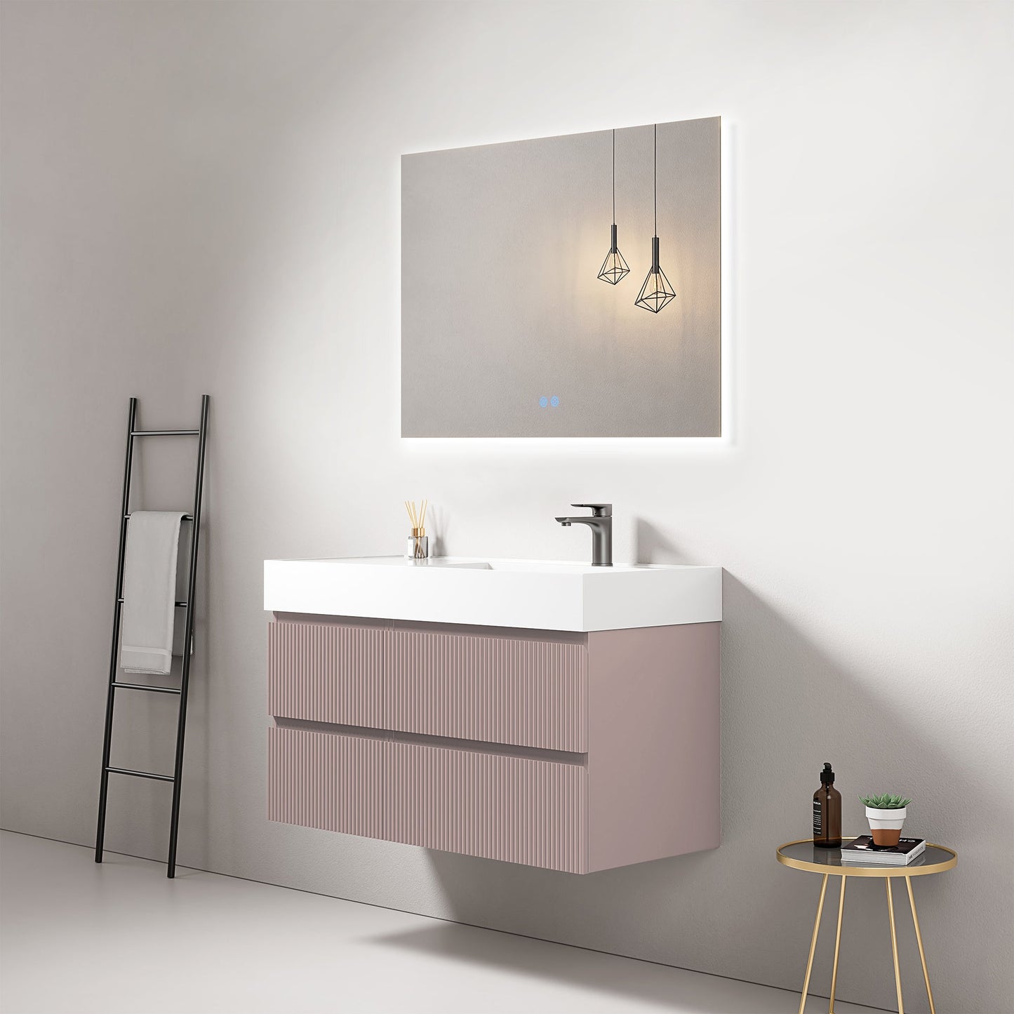 Mobile bagno sospeso cannettato 100 cm Rosa Retro Lavabo a Destra in Resina Specchio Quadro Retroilluminato - Fiji Paint