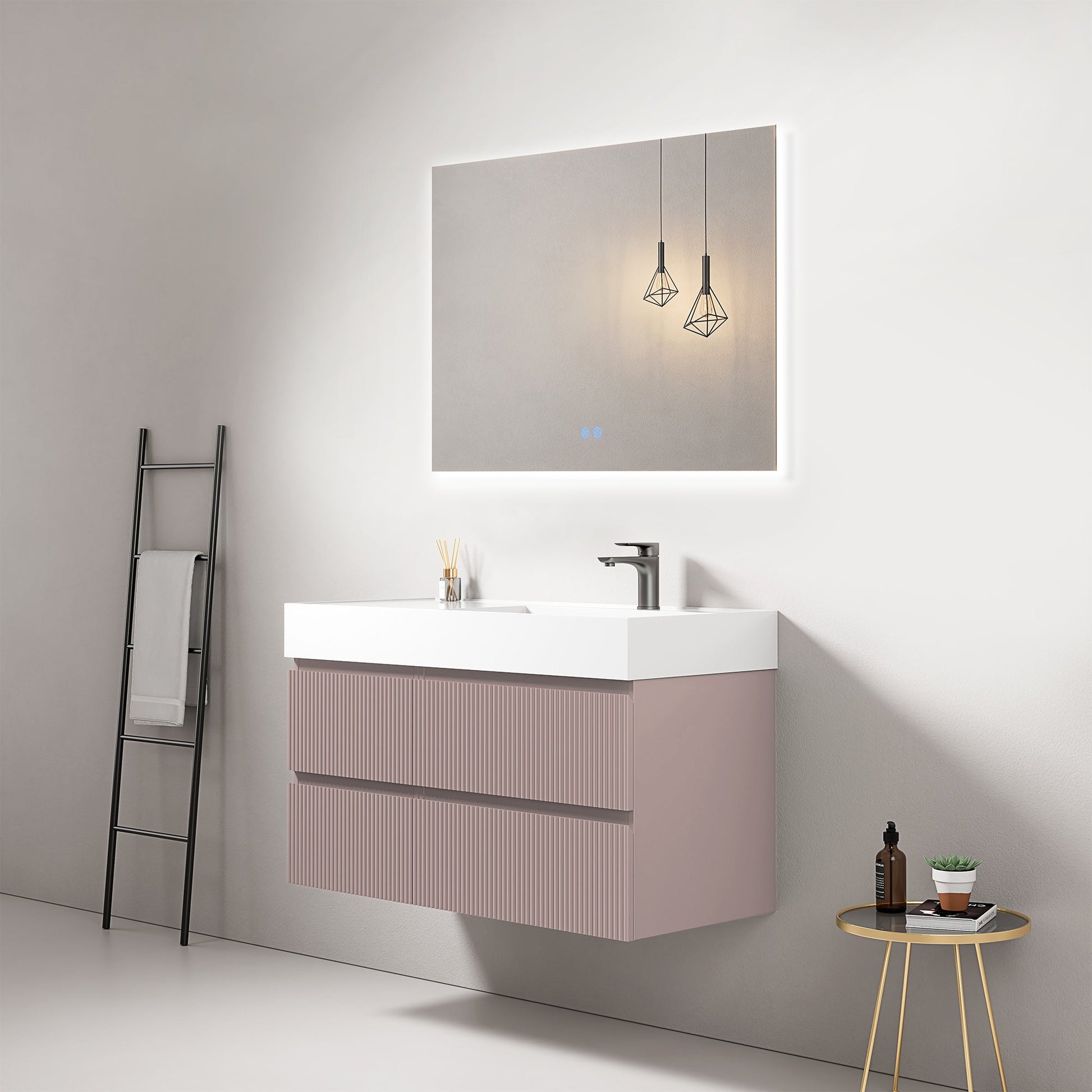 Mobile bagno sospeso cannettato 100 cm Rosa Retro Lavabo a Destra in Resina Specchio Quadro Retroilluminato - Fiji Paint