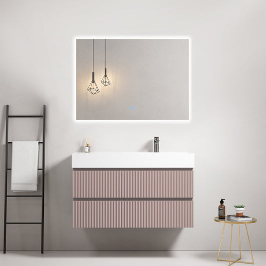 Mobile bagno sospeso cannettato 100 cm Rosa Retro Lavabo a Destra in Resina Specchio Quadro Retroilluminato - Fiji Paint