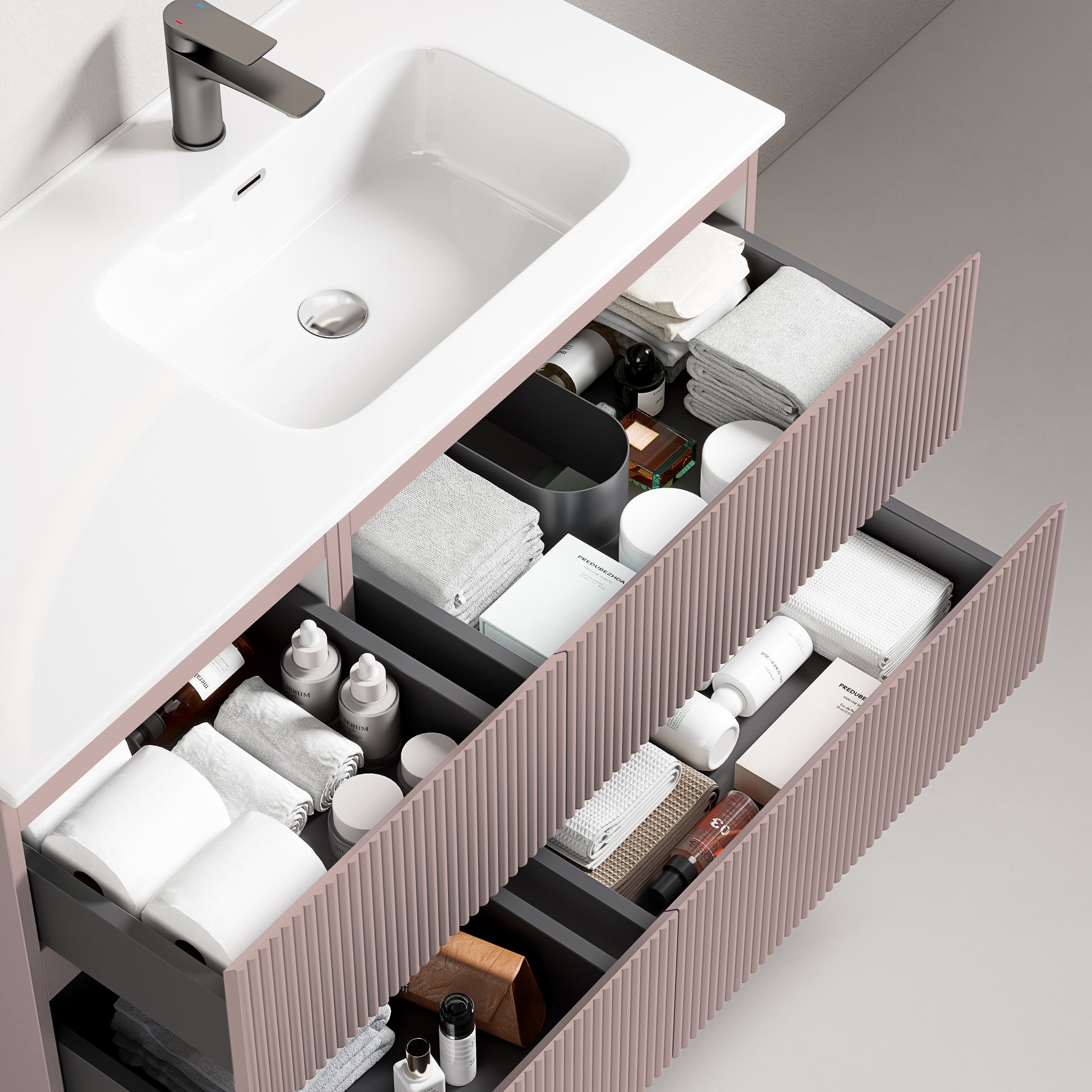 Mobile bagno sospeso cannettato 100 cm Rosa Retro Lavabo a Destra in Ceramica Senza Specchio - Fiji Paint con cassetti aperti