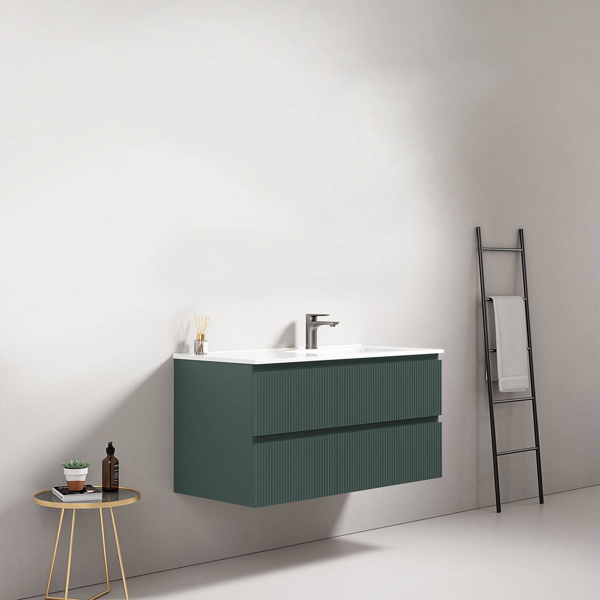Mobile bagno sospeso cannettato 100 cm Verde Comodoro Lavabo a Destra in Ceramica Senza Specchio - Fiji Paint.