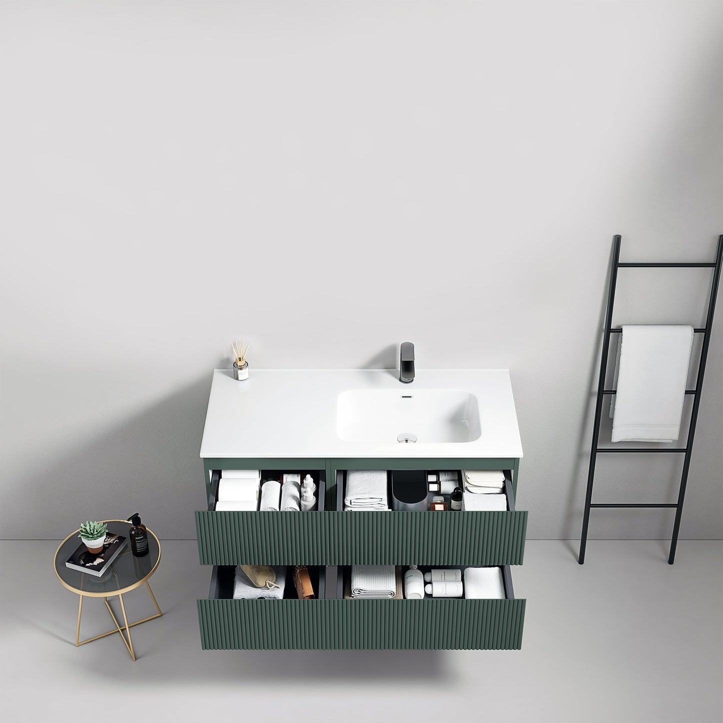 Mobile bagno sospeso cannettato 100 cm Verde Comodoro Lavabo a Destra in Ceramica Senza Specchio - Fiji Paint