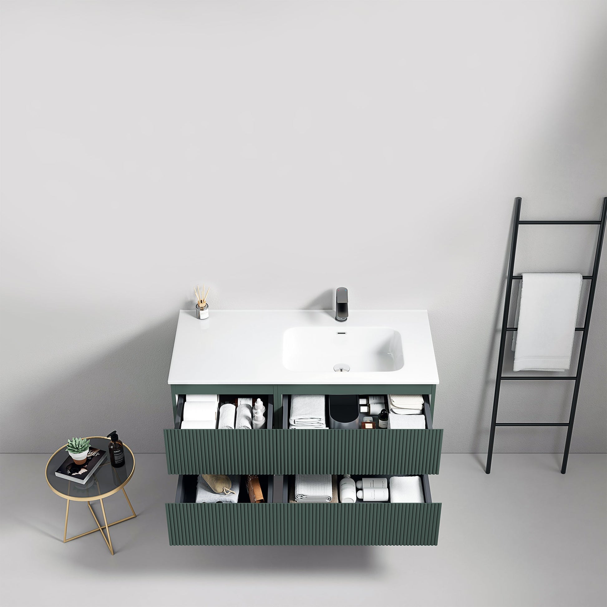 Mobile bagno sospeso cannettato 100 cm Verde Comodoro Lavabo a Destra in Ceramica Senza Specchio - Fiji Paint